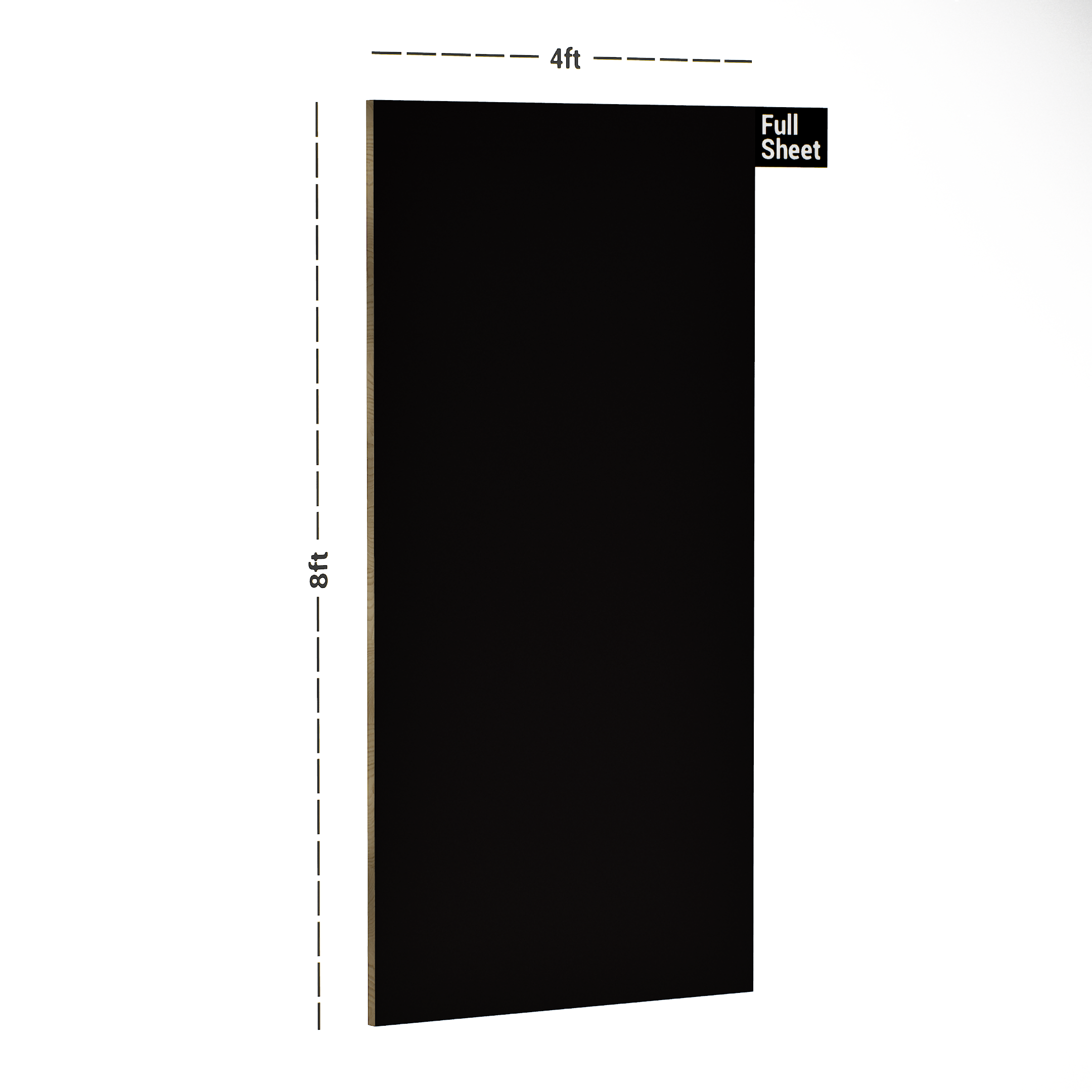 Dimension image of 190 SF Black 8 ft x 4 ft Plain Color Suede Finish Laminate - 1 mm in an isometric setup | Material Depot