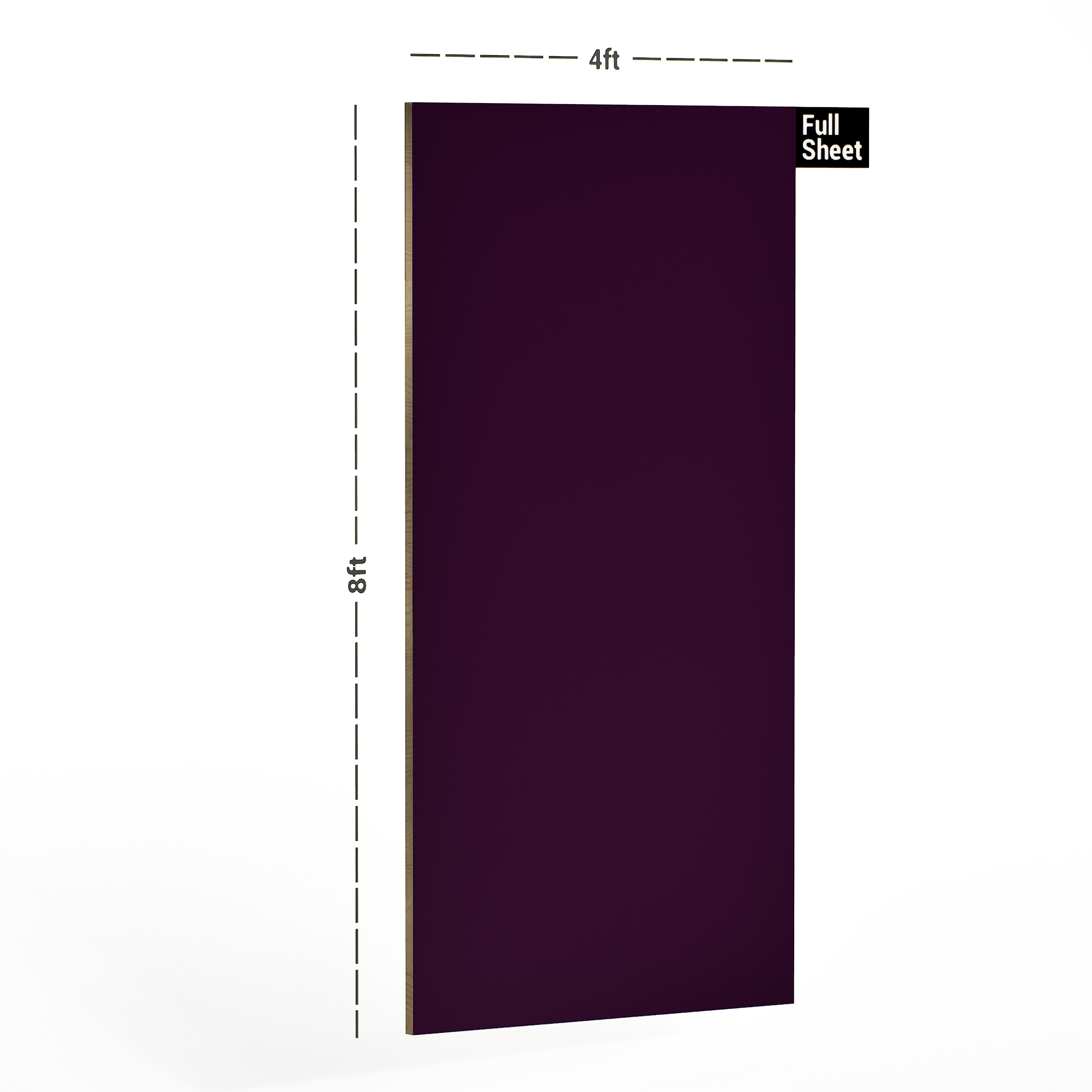 Dimension image of 150 SF Mulberry 8 ft x 4 ft Plain Color Suede Finish Laminate - 1 mm in an isometric setup | Material Depot