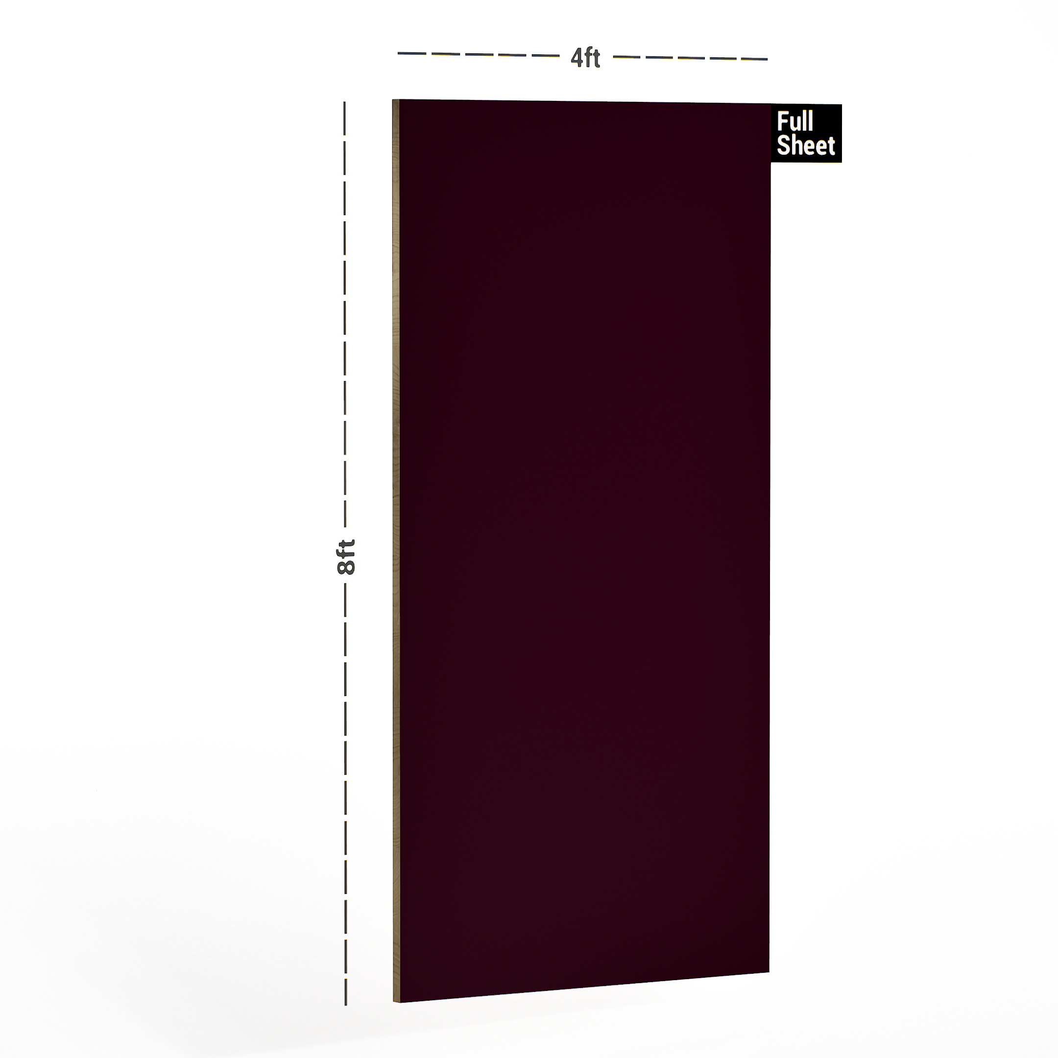 Dimension image of 105 SF Dark Cherry 8 ft x 4 ft Plain Color Suede Finish Laminate - 1 mm in an isometric setup | Material Depot