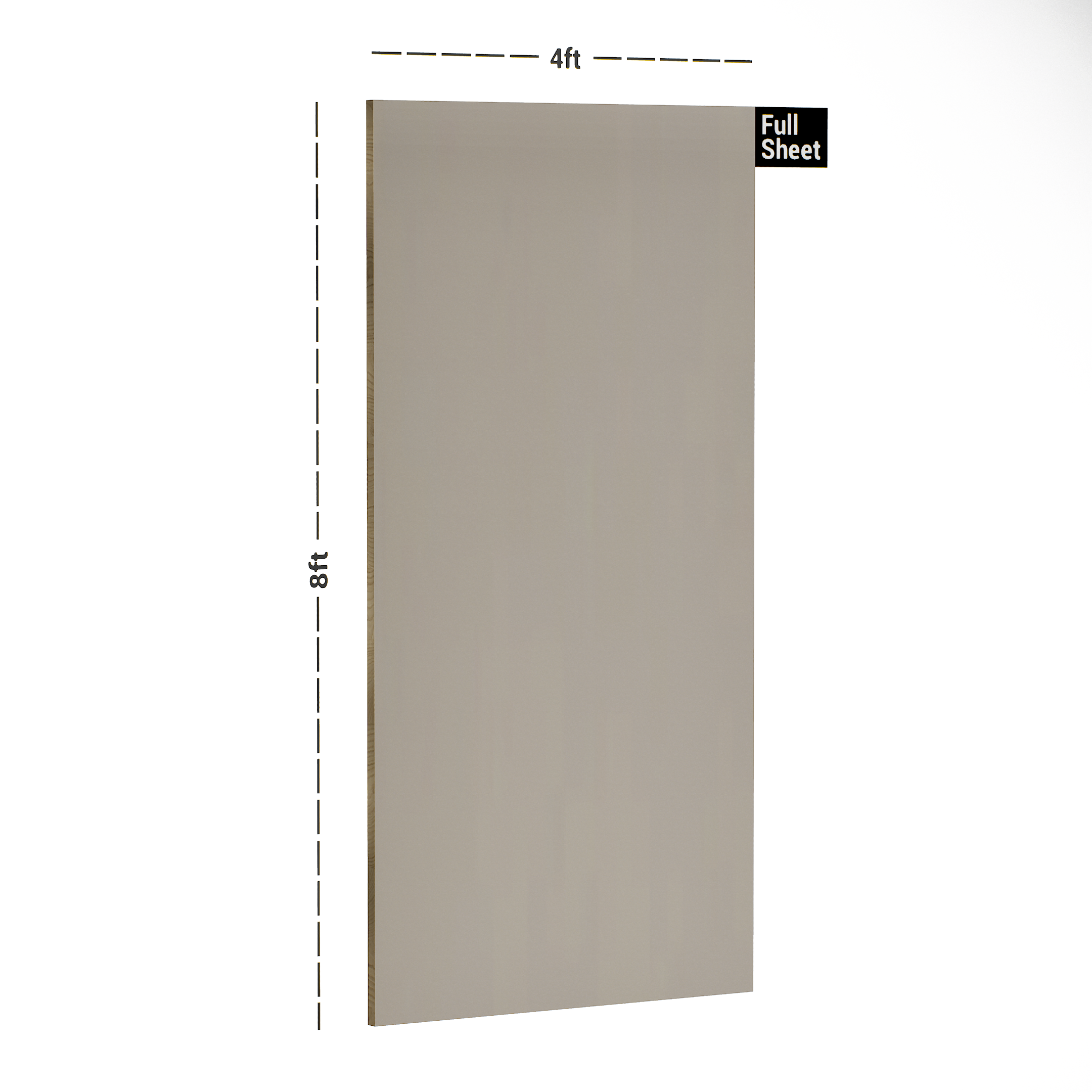 Dimension image of 210 SMT Thunder Beige 8 ft x 4 ft Satin Matt Finish Luxe Series Laminate - 1 mm in an isometric setup | Material Depot