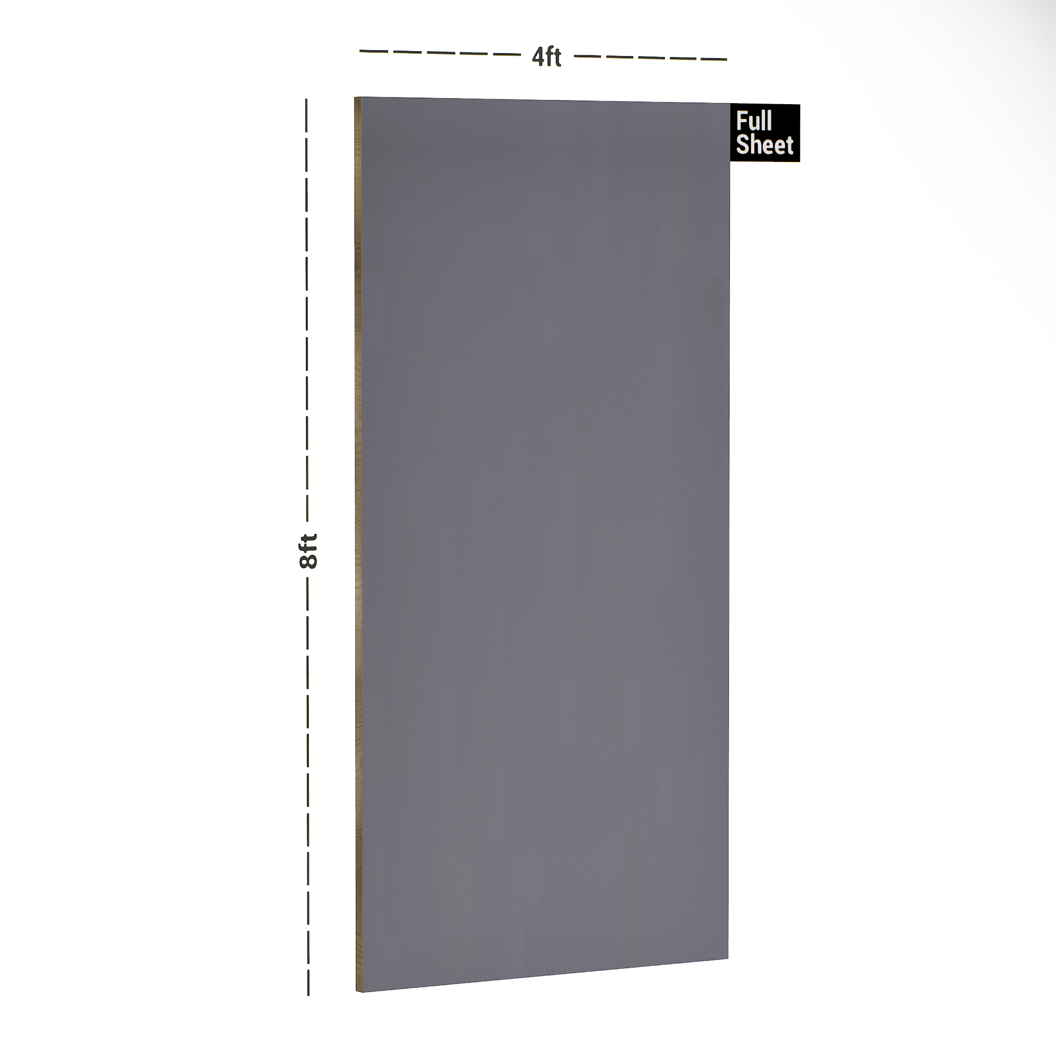 Dimension image of 187 HG Gfrost Grey 8 ft x 4 ft High Gloss Finish Luxe Series Laminate - 1 mm in an isometric setup | Material Depot