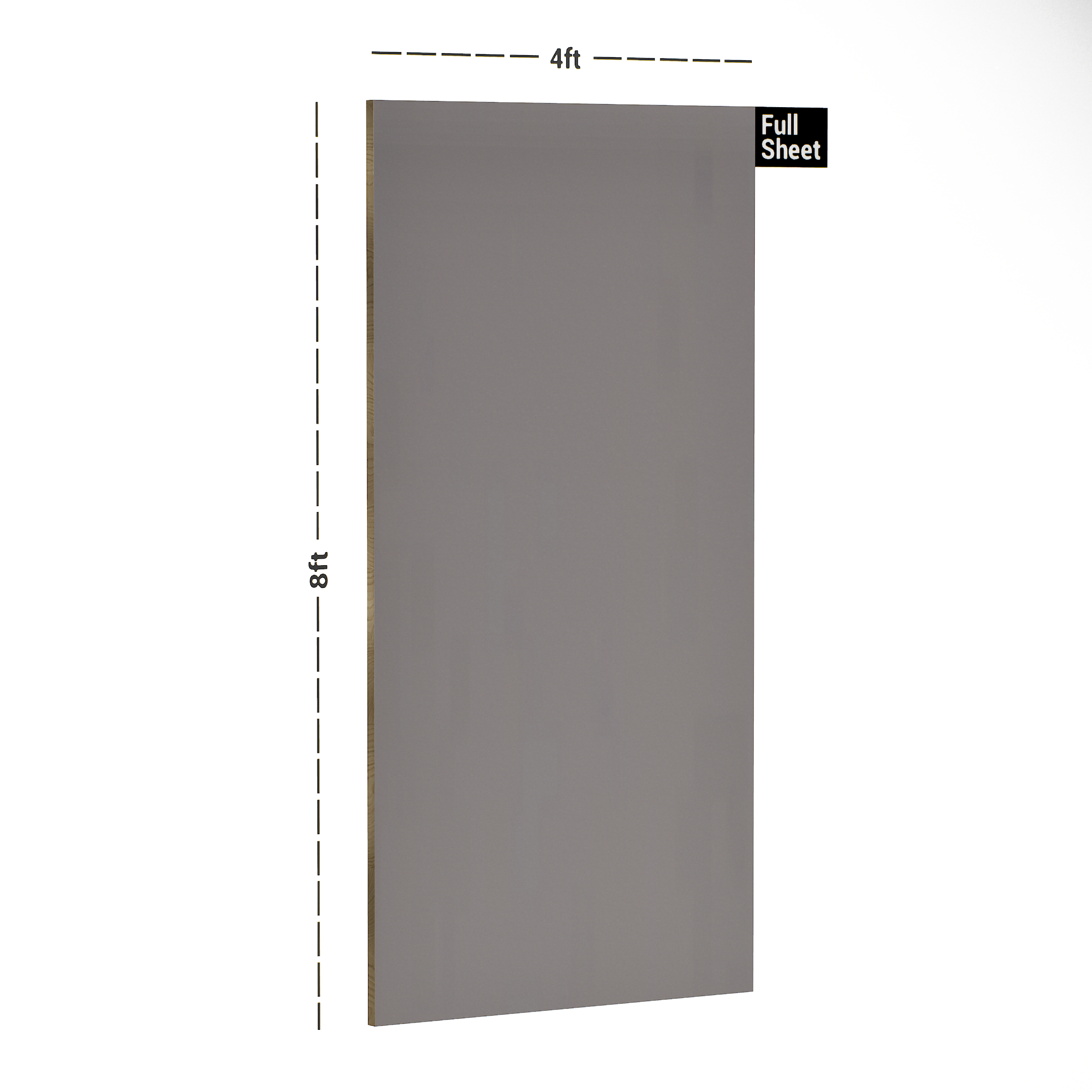 Dimension image of 219 HG Space Grey 8 ft x 4 ft High Gloss Finish Luxe Series Laminate - 1 mm in an isometric setup | Material Depot