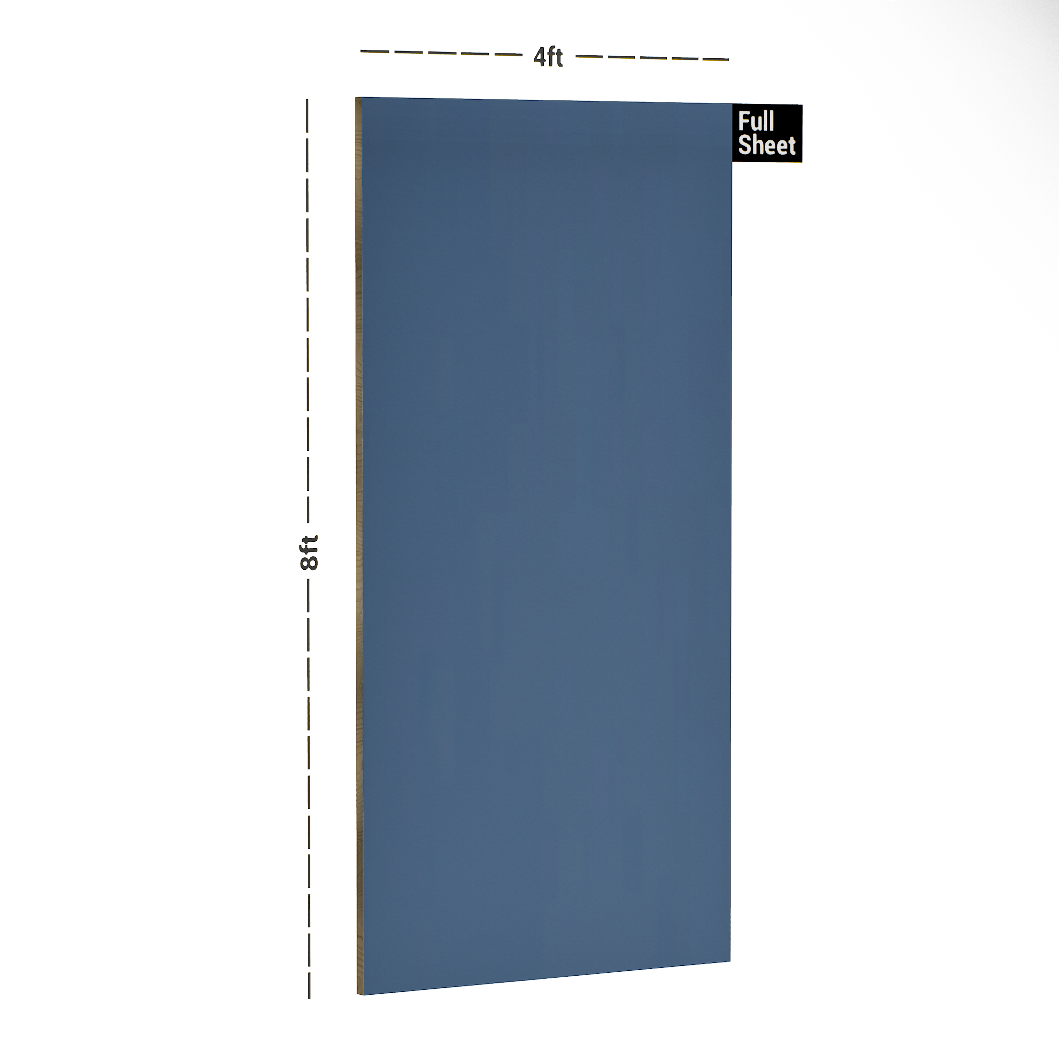 Dimension image of 199 HG Ocean Blue 8 ft x 4 ft High Gloss Finish Luxe Series Laminate - 1 mm in an isometric setup | Material Depot