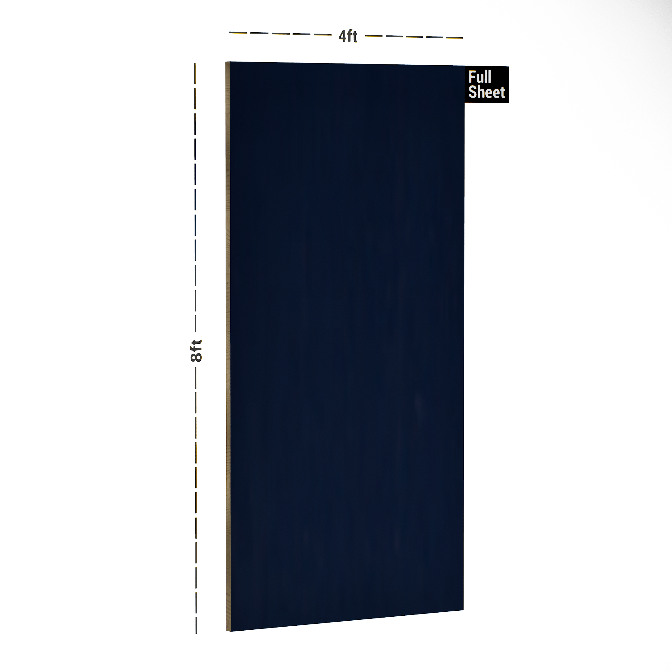 Dimension image of 184 HG Burberry Blue 8 ft x 4 ft High Gloss Finish Luxe Series Laminate - 1 mm in an isometric setup | Material Depot