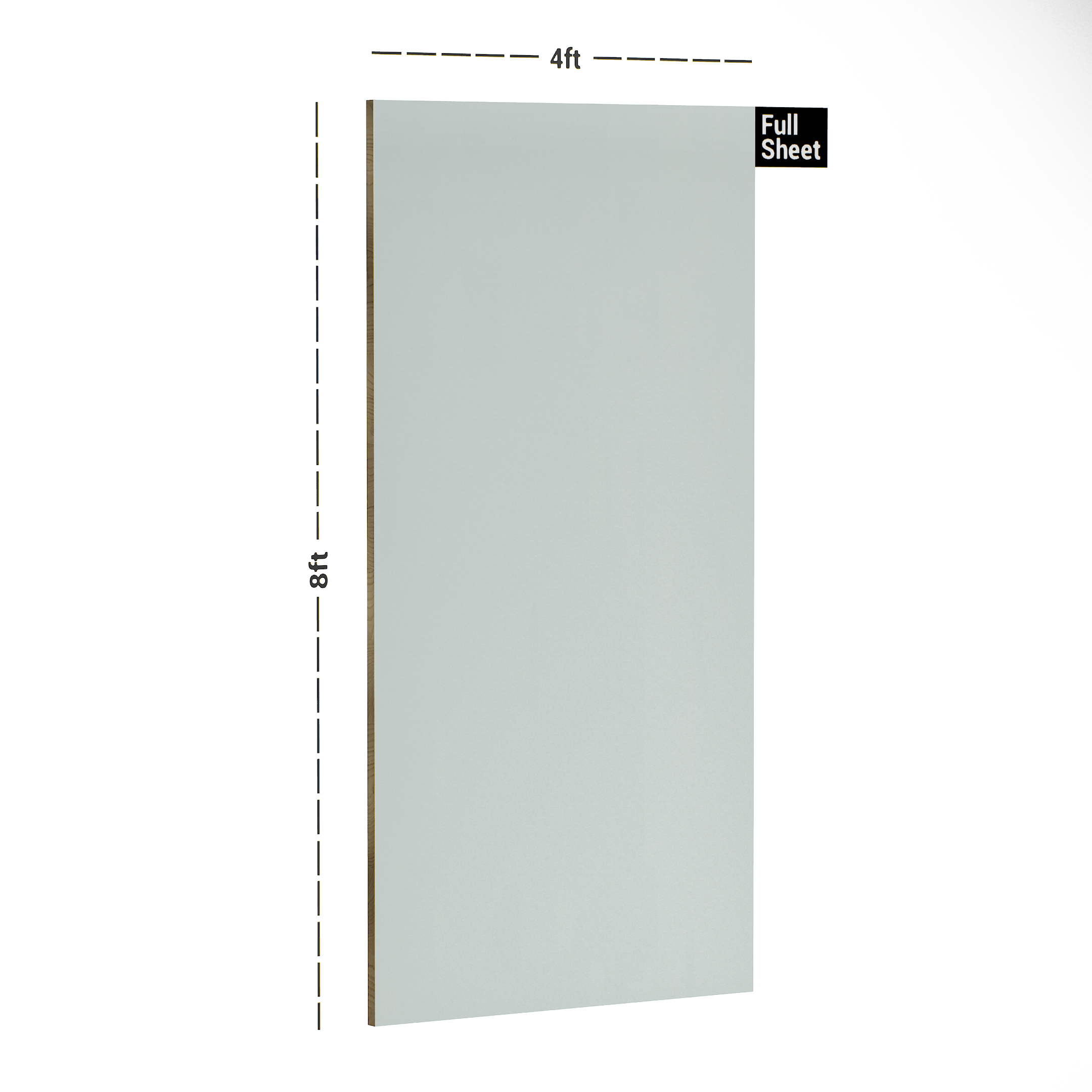 Dimension image of 172 HG Light Sea Green 8 ft x 4 ft High Gloss Finish Luxe Series Laminate - 1 mm in an isometric setup | Material Depot