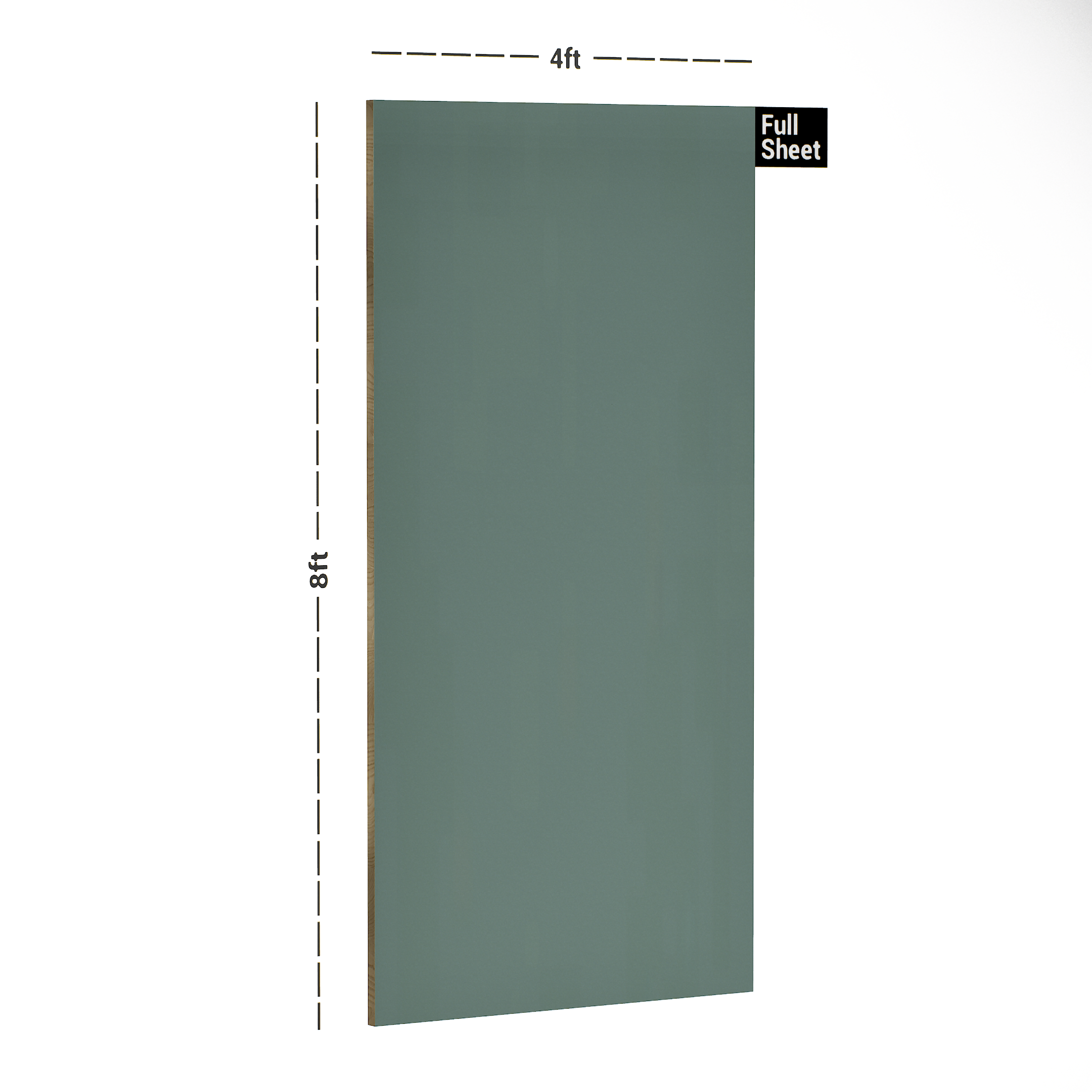 Dimension image of 194 HG Acacia Green 8 ft x 4 ft High Gloss Finish Luxe Series Laminate - 1 mm in an isometric setup | Material Depot