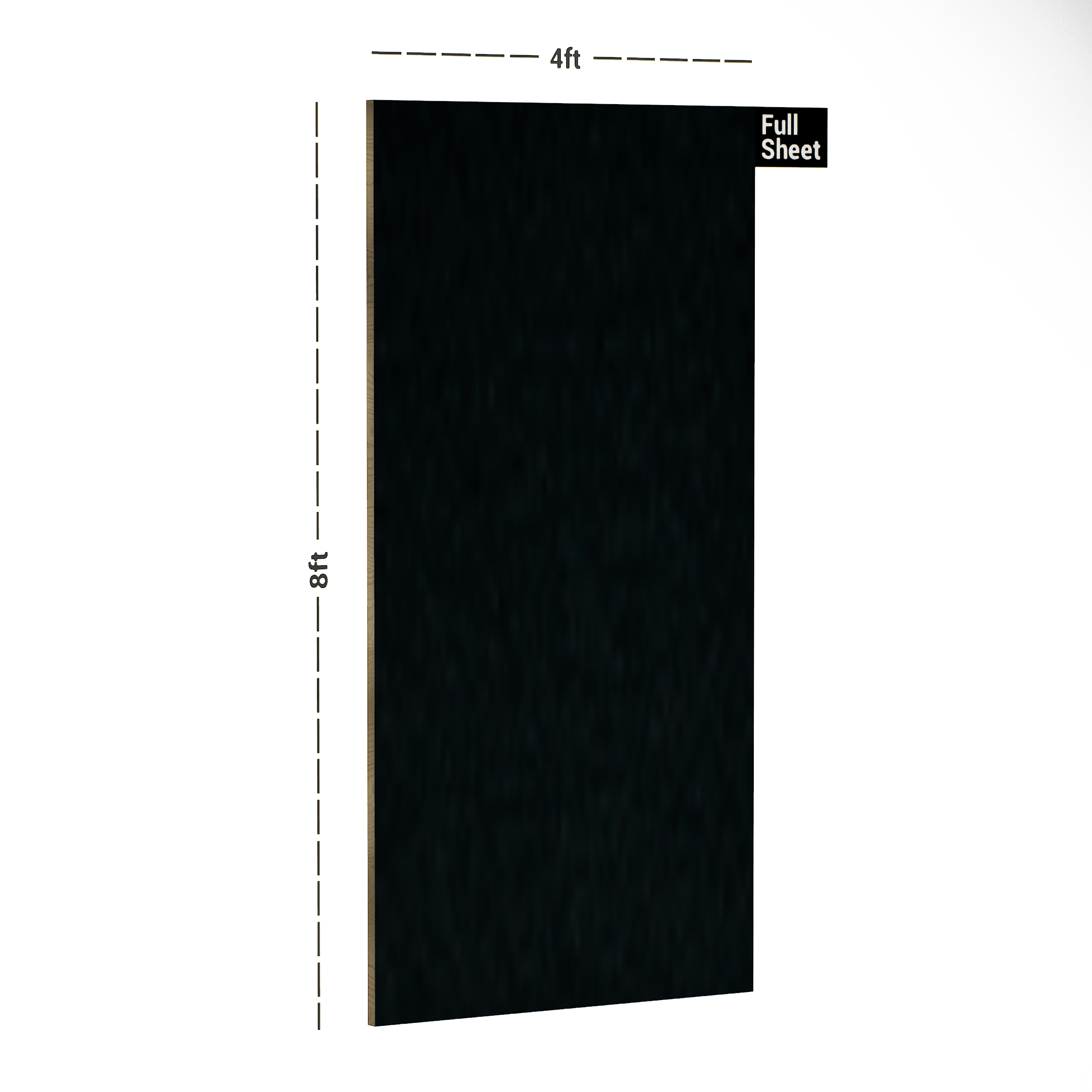 Dimension image of 190 SF Black 8 ft x 4 ft Suede Finish Luxe Series Laminate - 1 mm in an isometric setup | Material Depot