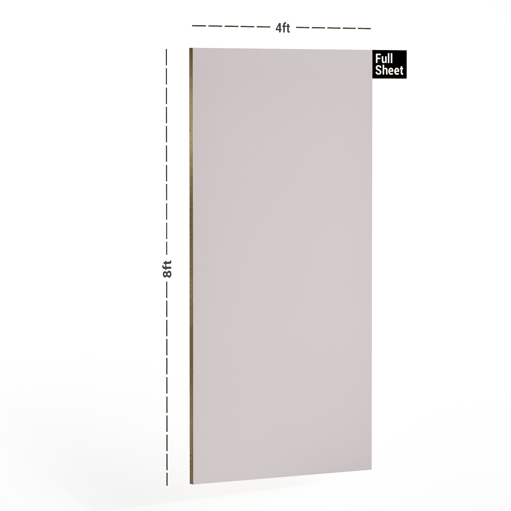 Dimension image of 135 UMT Pale Pink Virgo Croma 8 ft x 4 ft Ultra Matte Finish Decorative Laminate - 1 mm in an isometric setup | Material Depot