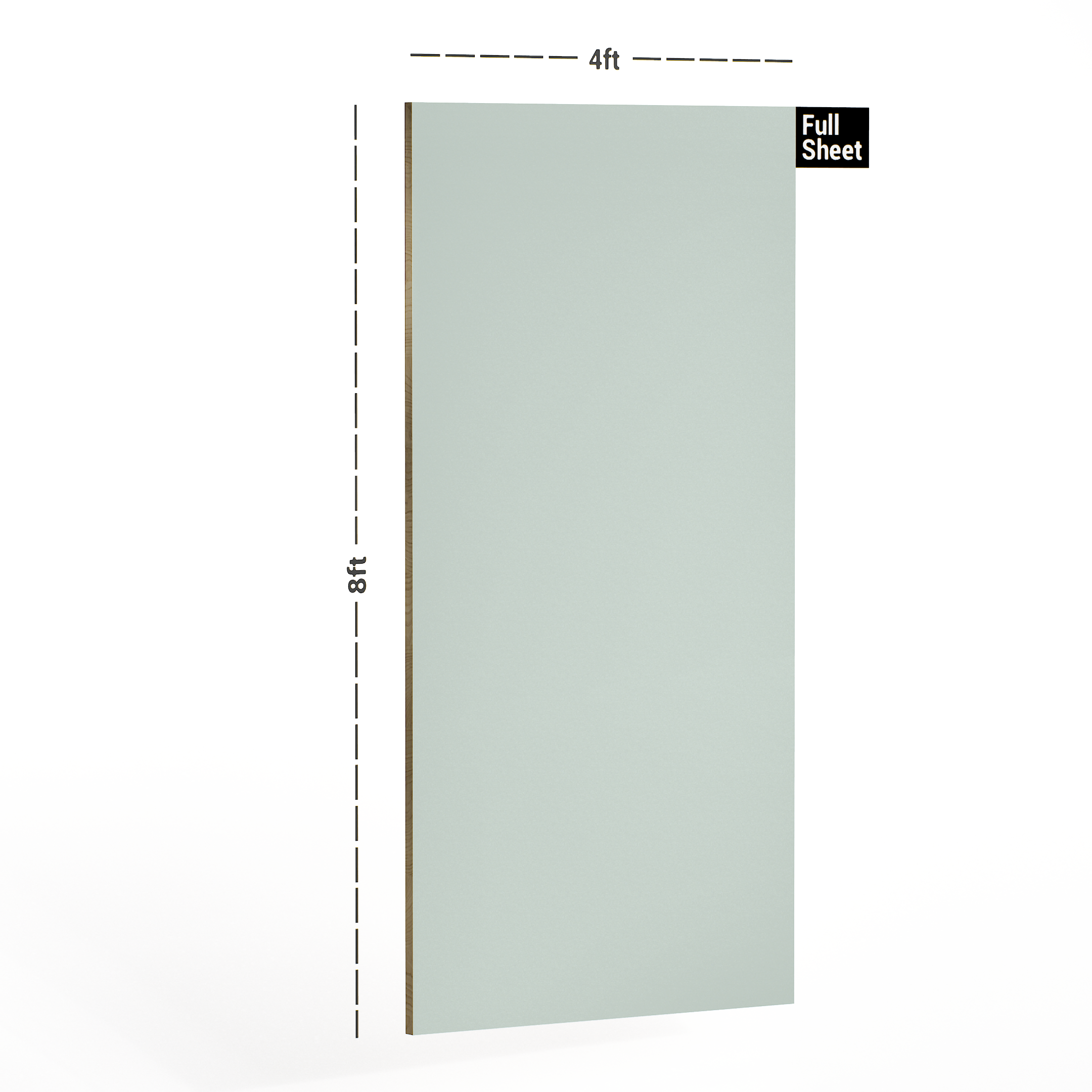 Dimension image of 123 AHG Opal Green Virgo Croma 8 ft x 4 ft Acrylic Solid Color High Gloss Finish Decorative Laminate - 1 mm in an isometric setup | Material Depot