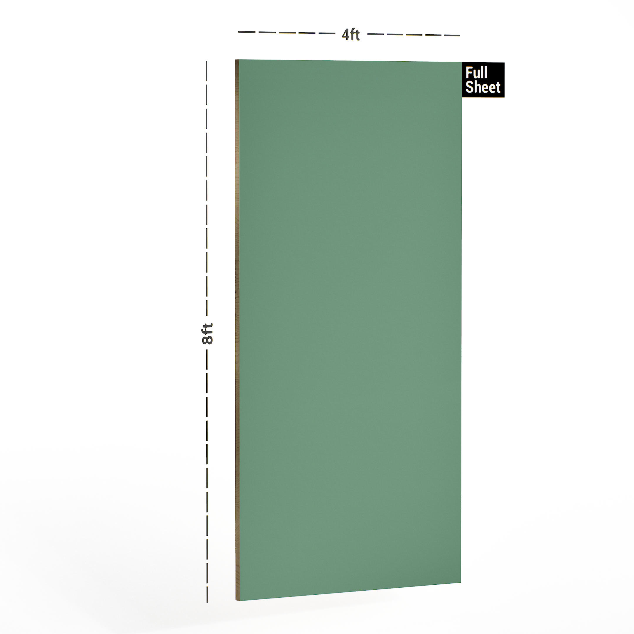 Dimension image of 142 AHG Sage Green Virgo Croma 8 ft x 4 ft Acrylic Solid Color High Gloss Finish Decorative Laminate - 1 mm in an isometric setup | Material Depot