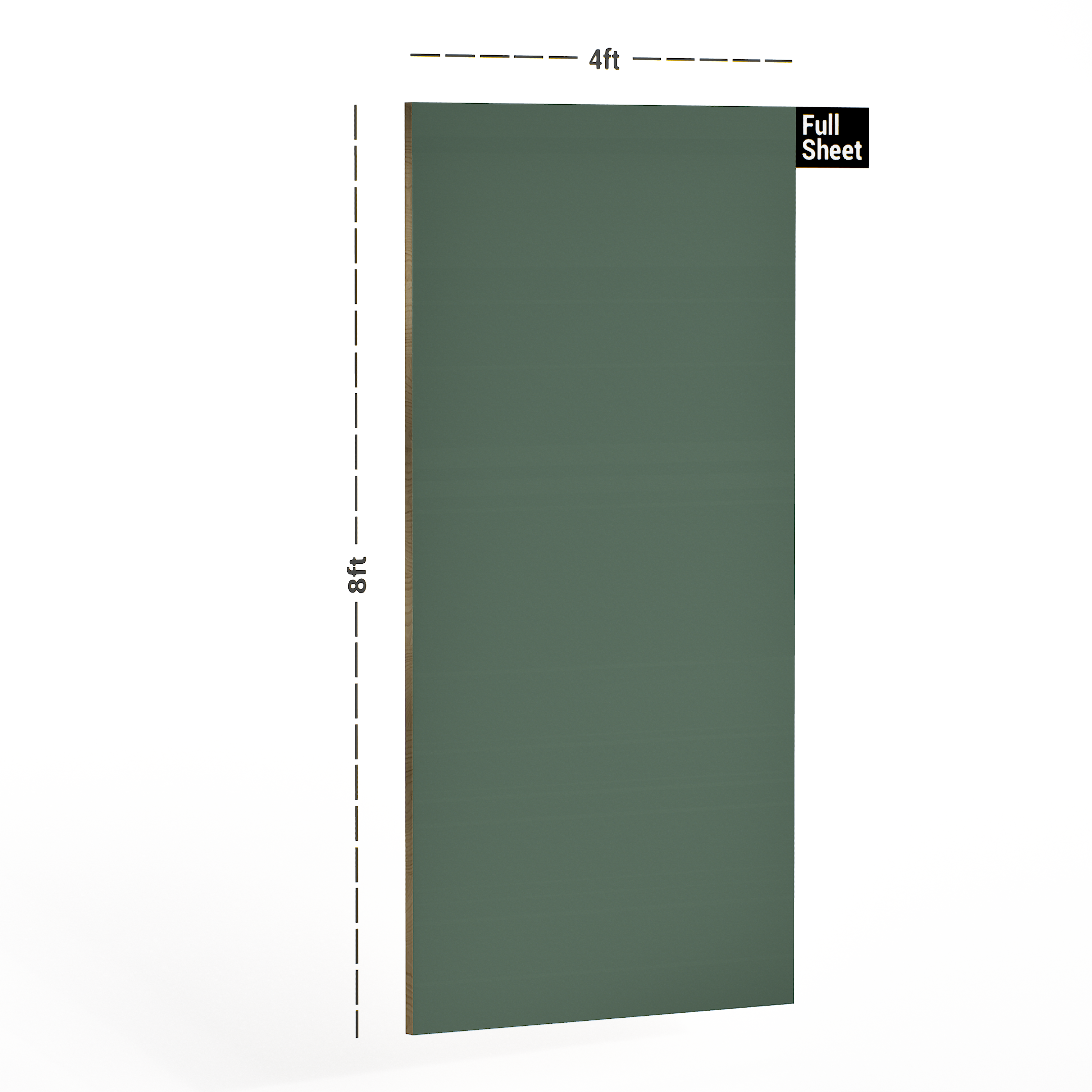 Dimension image of 5158 TM Olive Green 8 ft x 4 ft Pastel Super Matt Finish Decorative Laminate - 1 mm in an isometric setup | Material Depot