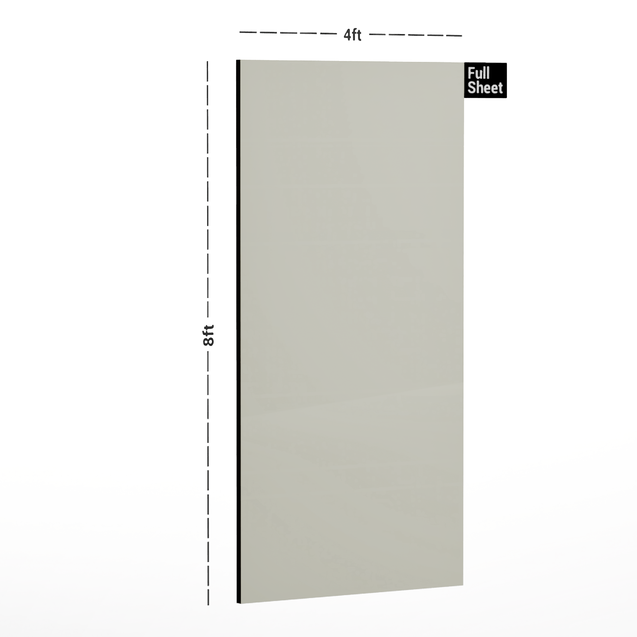 Dimension image of 8112 SP Frosty White 8 ft x 4 ft Pastel Ultra Gloss Finish Decorative Laminate - 1 mm in an isometric setup | Material Depot