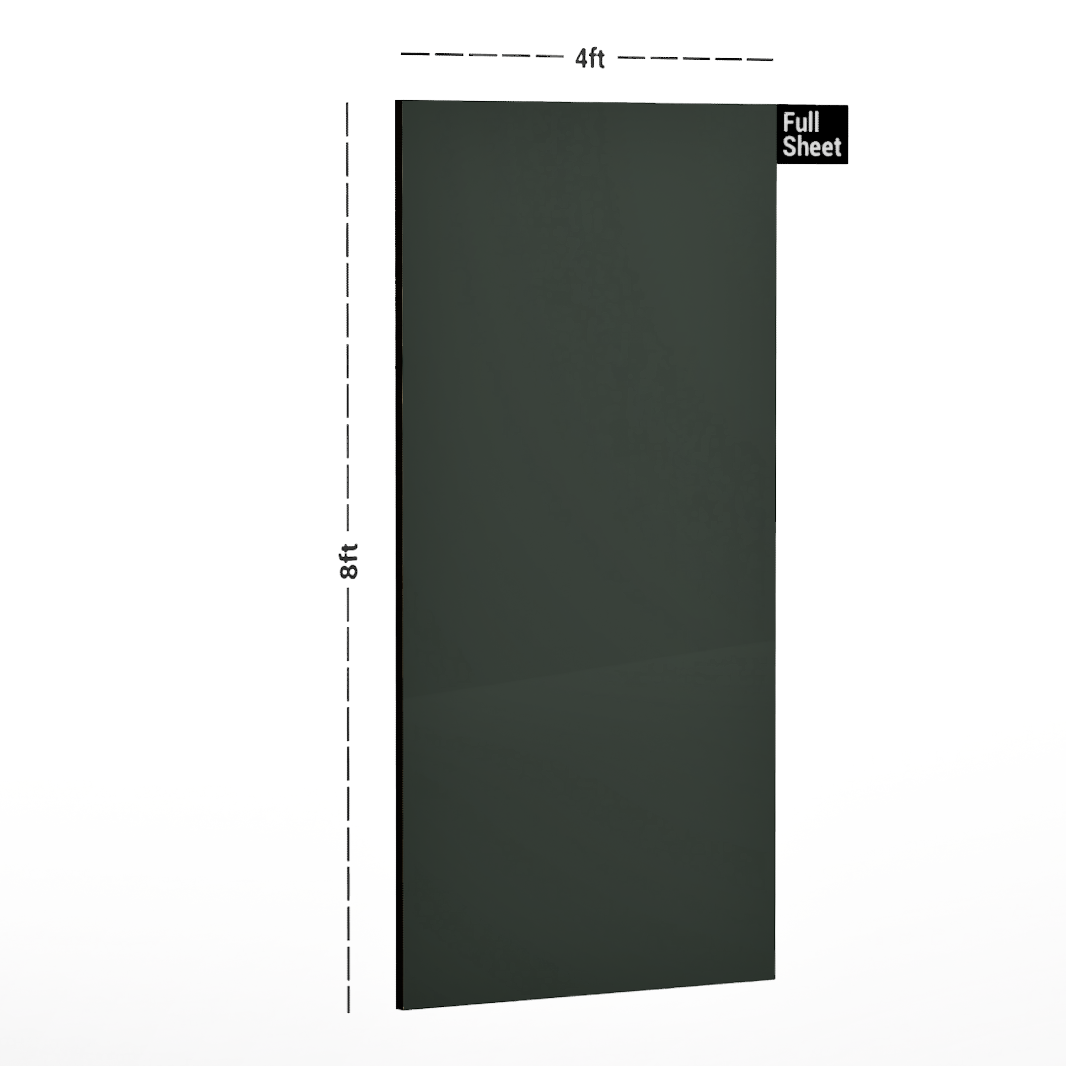 Dimension image of KL 703 Grey Green 8 ft x 4 ft Plain Color Finish 6H Anti Scratch Acrylic Laminate 1.5 mm in an isometric setup | Material Depot