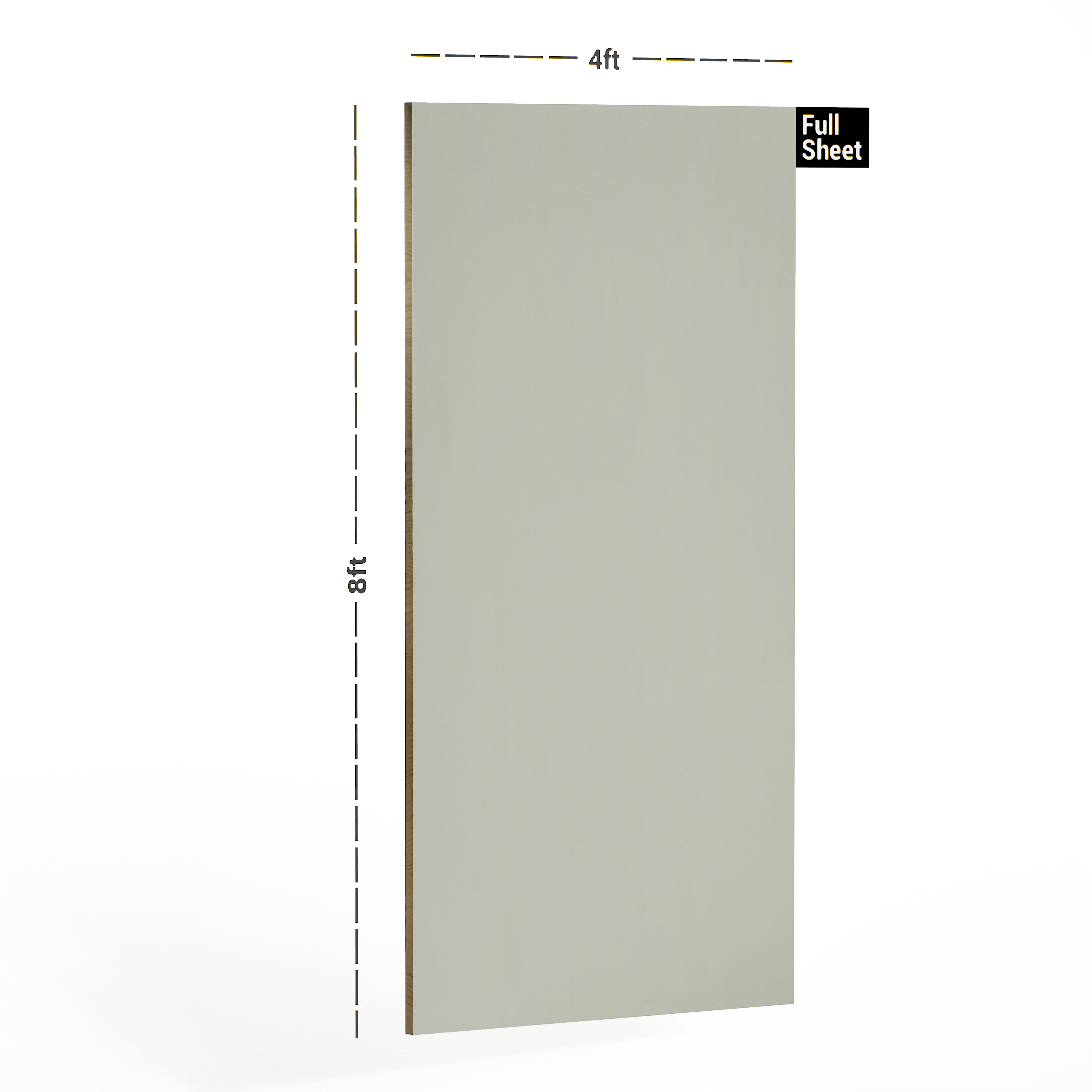 Dimension image of 123 Tea Green 8 ft x 4 ft Ultra High Gloss Finish Decorative Laminate - 1 mm in an isometric setup | Material Depot