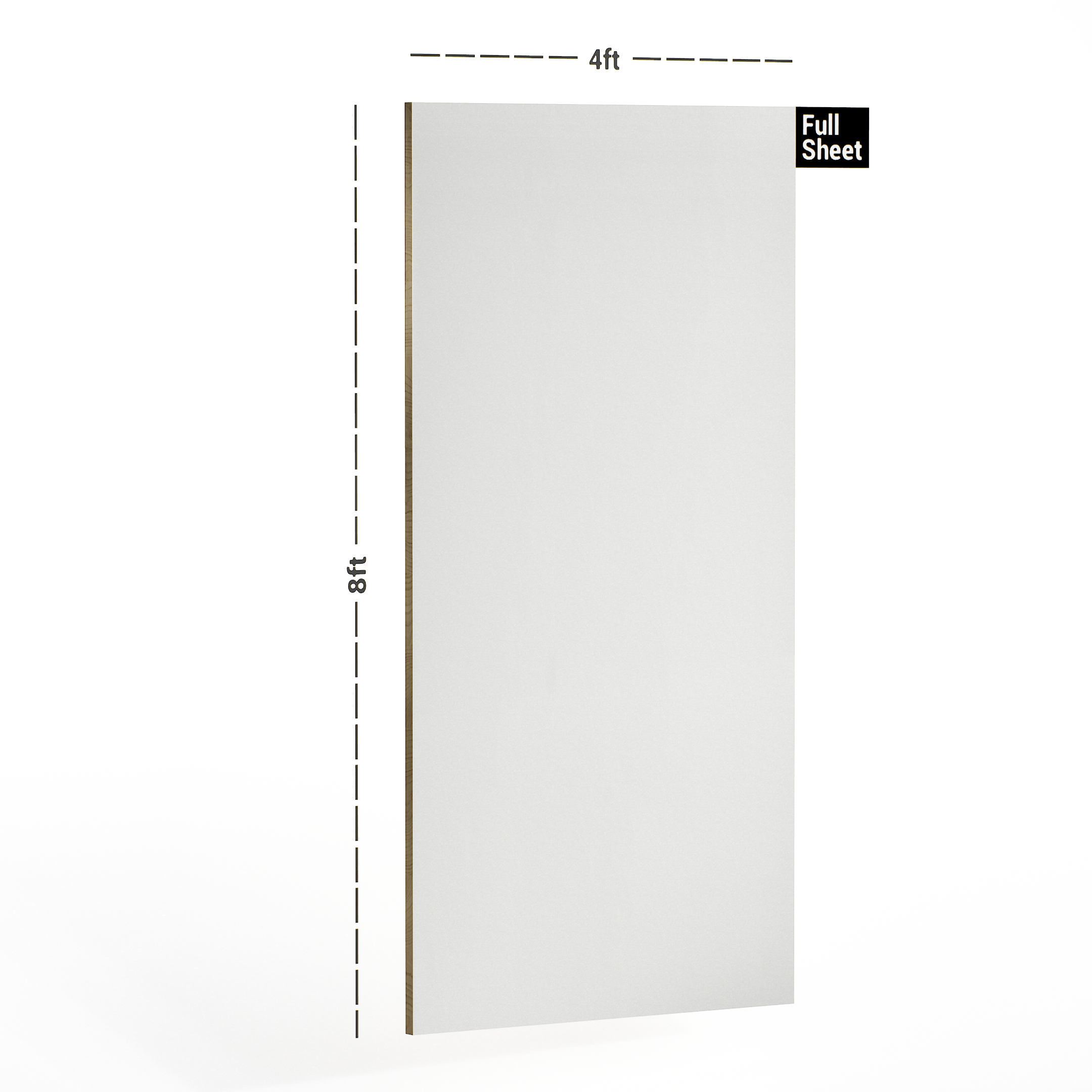 Dimension image of 108 Super White 8 ft x 4 ft Super Matt Finish Decorative Laminate - 1 mm in an isometric setup | Material Depot