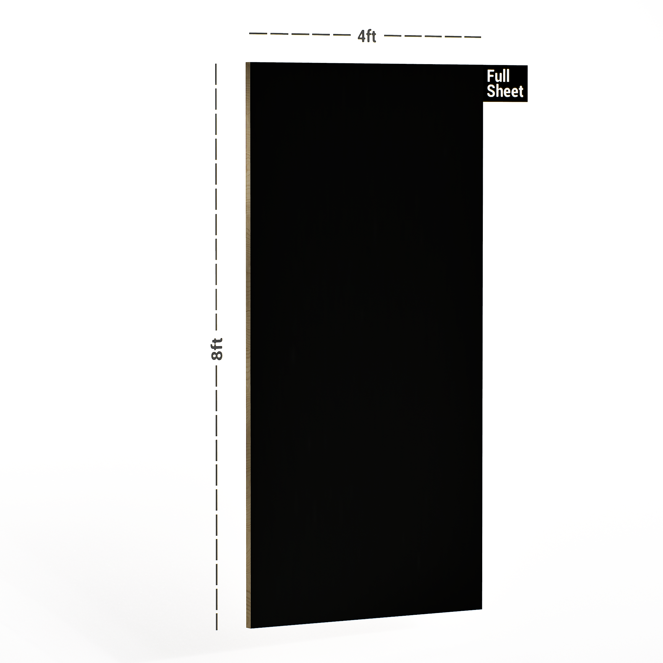 Dimension image of 125 Midnight Black 8 ft x 4 ft Super Matt Finish Decorative Laminate - 1 mm in an isometric setup | Material Depot