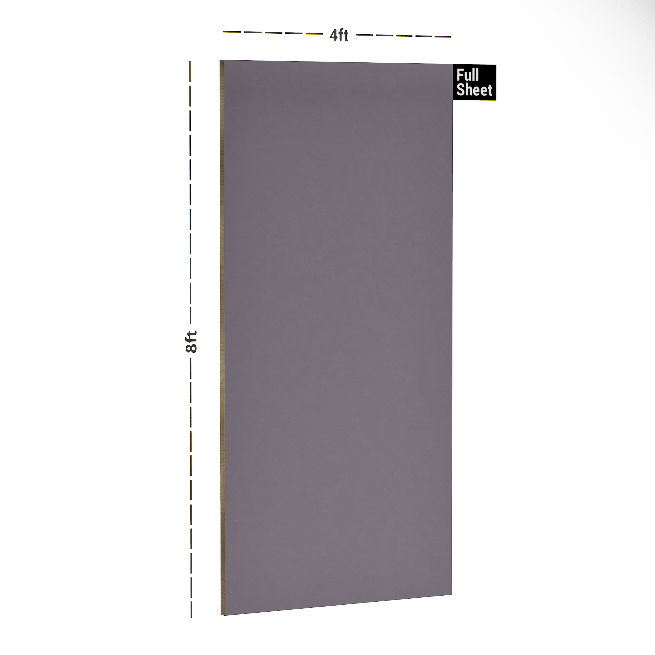 Dimension image of 2023 TM Deep Lavender 8 ft x 4 ft 6H Anti Scratch Acrylic Laminate - 1.3 mm in an isometric setup | Material Depot