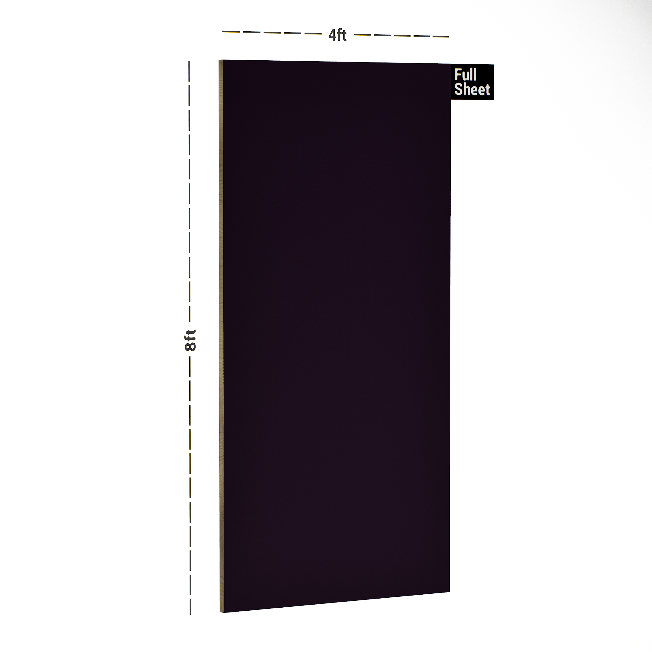 Dimension image of 2074 TM Deep Purple 8 ft x 4 ft 6H Anti Scratch Acrylic Laminate - 1.3 mm in an isometric setup | Material Depot