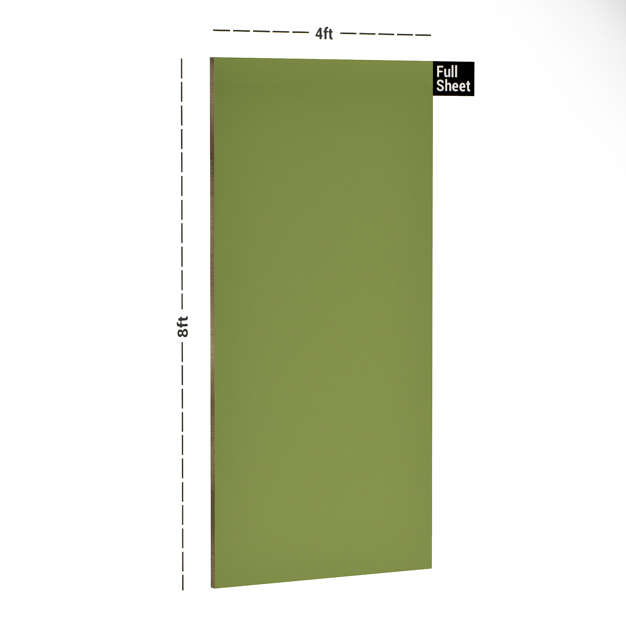 Dimension image of 2069 TM Sapling Green 8 ft x 4 ft 6H Anti Scratch Acrylic Laminate - 1.3 mm in an isometric setup | Material Depot