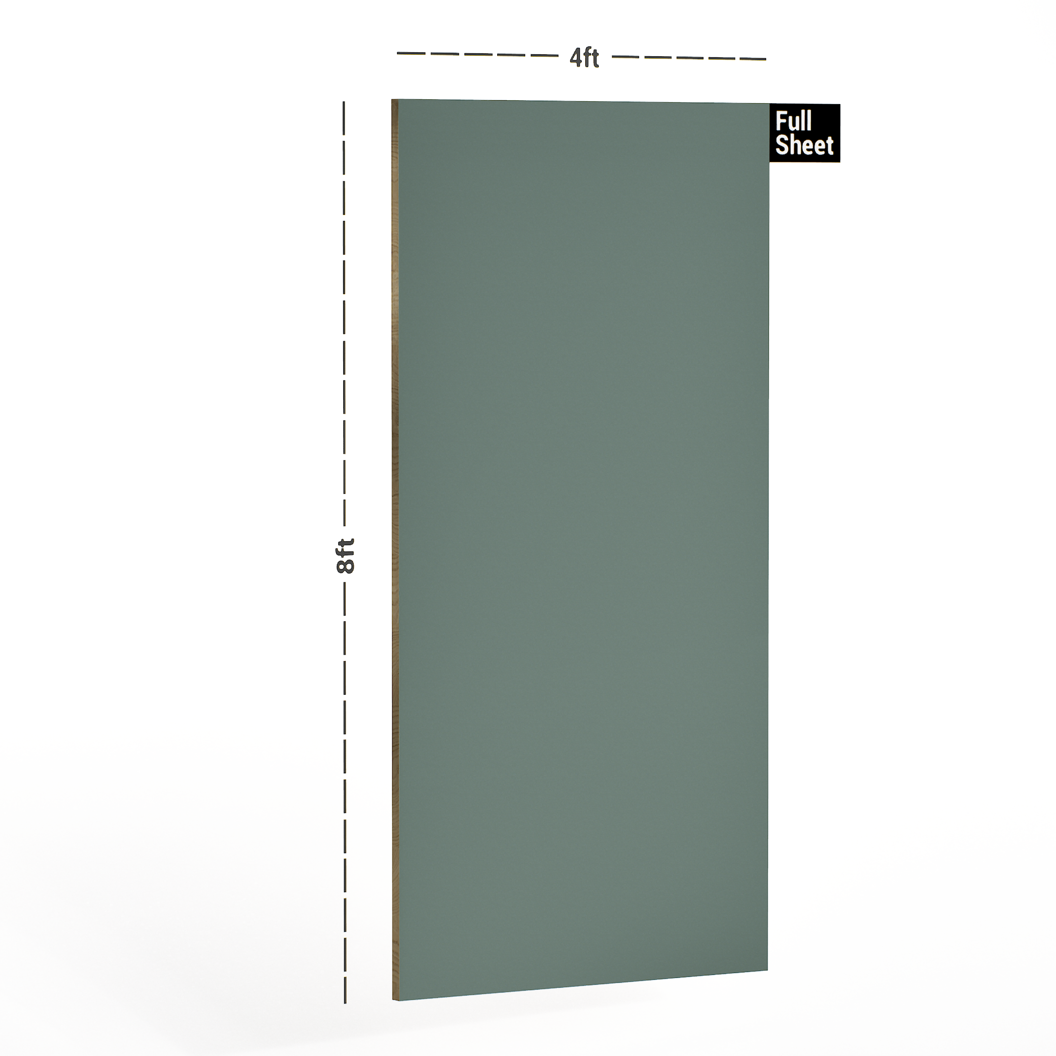 Dimension image of 50195 MM Pista Green 8 ft x 4 ft Matamax Finish Laminate - 1 mm in an isometric setup | Material Depot