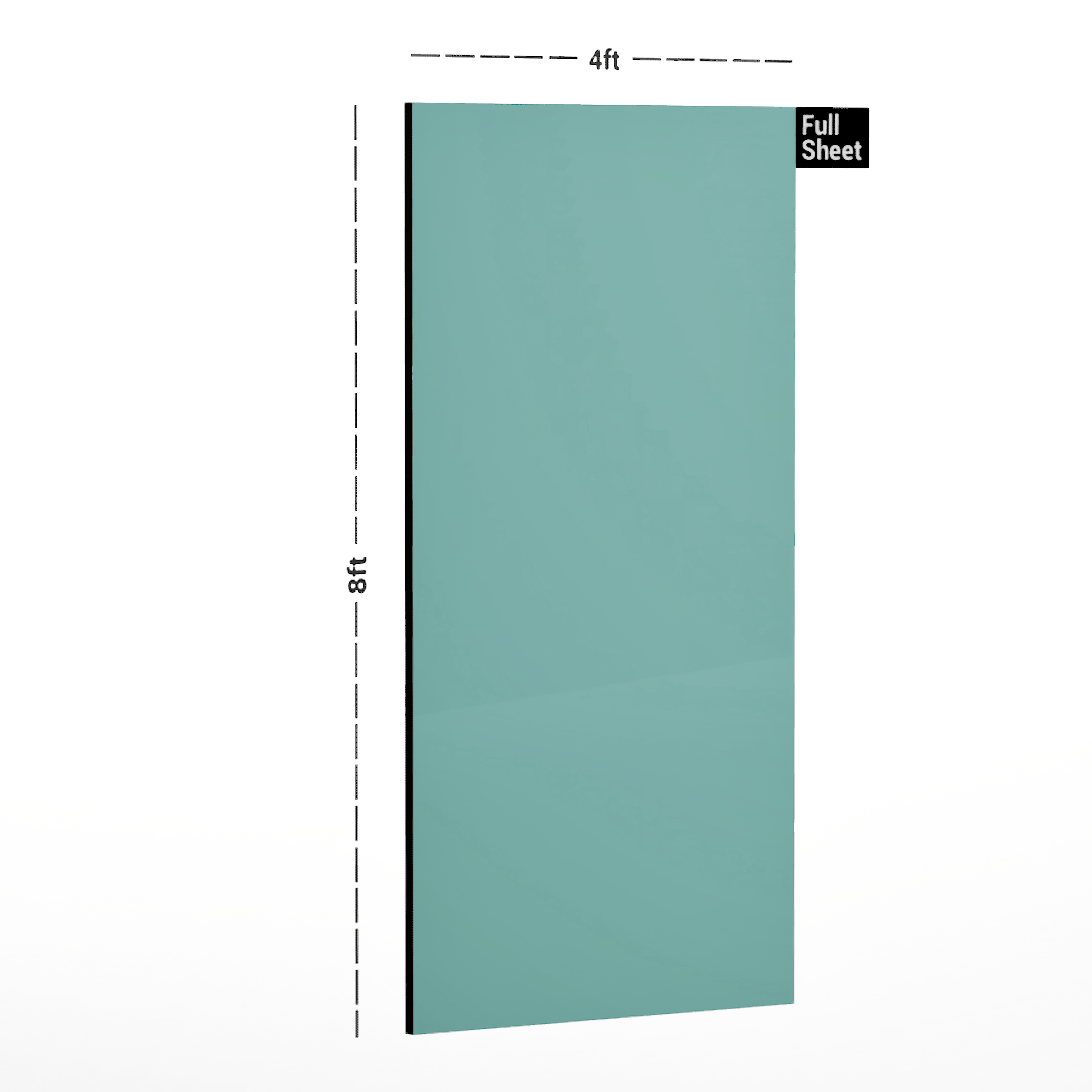 Dimension image of LM 00160 HT Solids Mint Green 8 ft x 4 ft High Gloss Plus Finish Decorative Laminate - 1 mm in an isometric setup | Material Depot