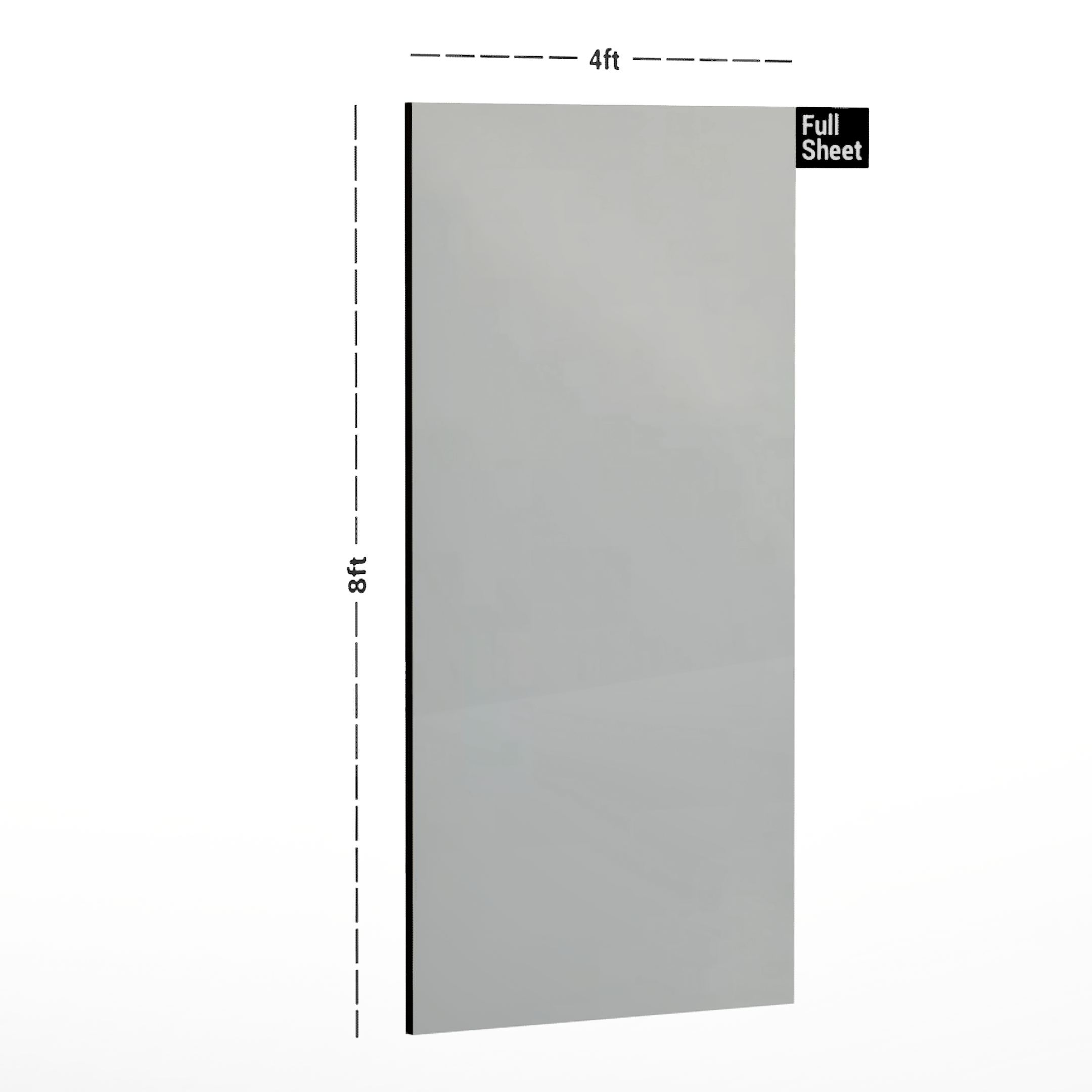 Dimension image of LM 01142 Solids High Gloss Finish 8 ft x 4 ft Acrylic Laminate - 1.5 mm | Matching Edgeband Code - EB 846 in an isometric setup | Material Depot