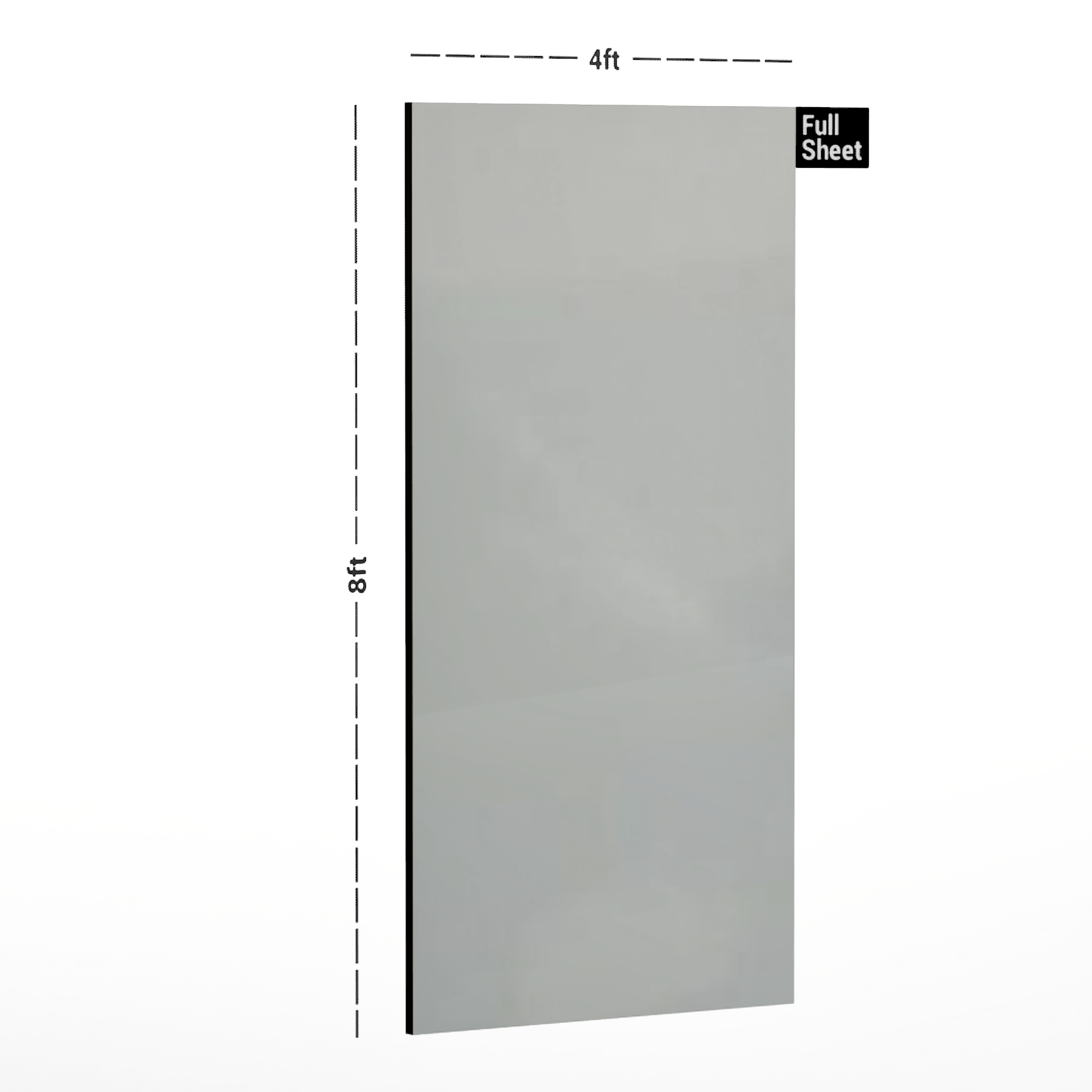 Dimension image of LM 01146 Solids High Gloss Finish 8 ft x 4 ft Acrylic Laminate - 1.5 mm | Matching Edgeband Code - EB 850 in an isometric setup | Material Depot