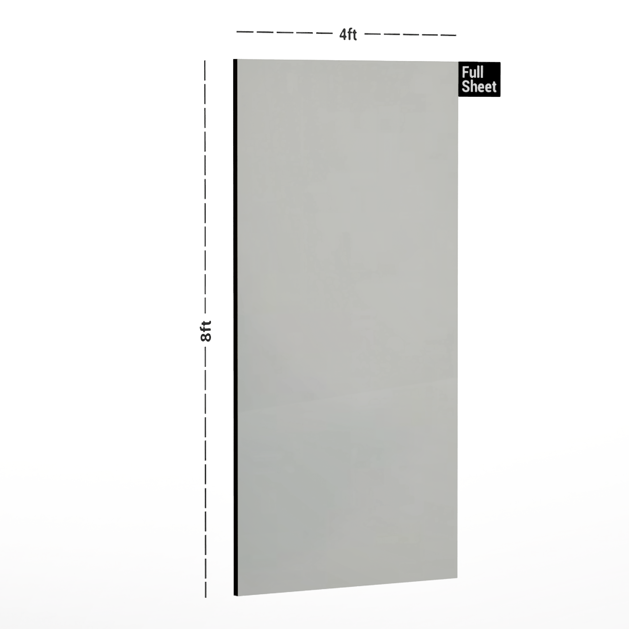 Dimension image of LM 01157 Solids High Gloss Finish 8 ft x 4 ft Acrylic Laminate - 1.5 mm | Matching Edgeband Code - EB 807 in an isometric setup | Material Depot