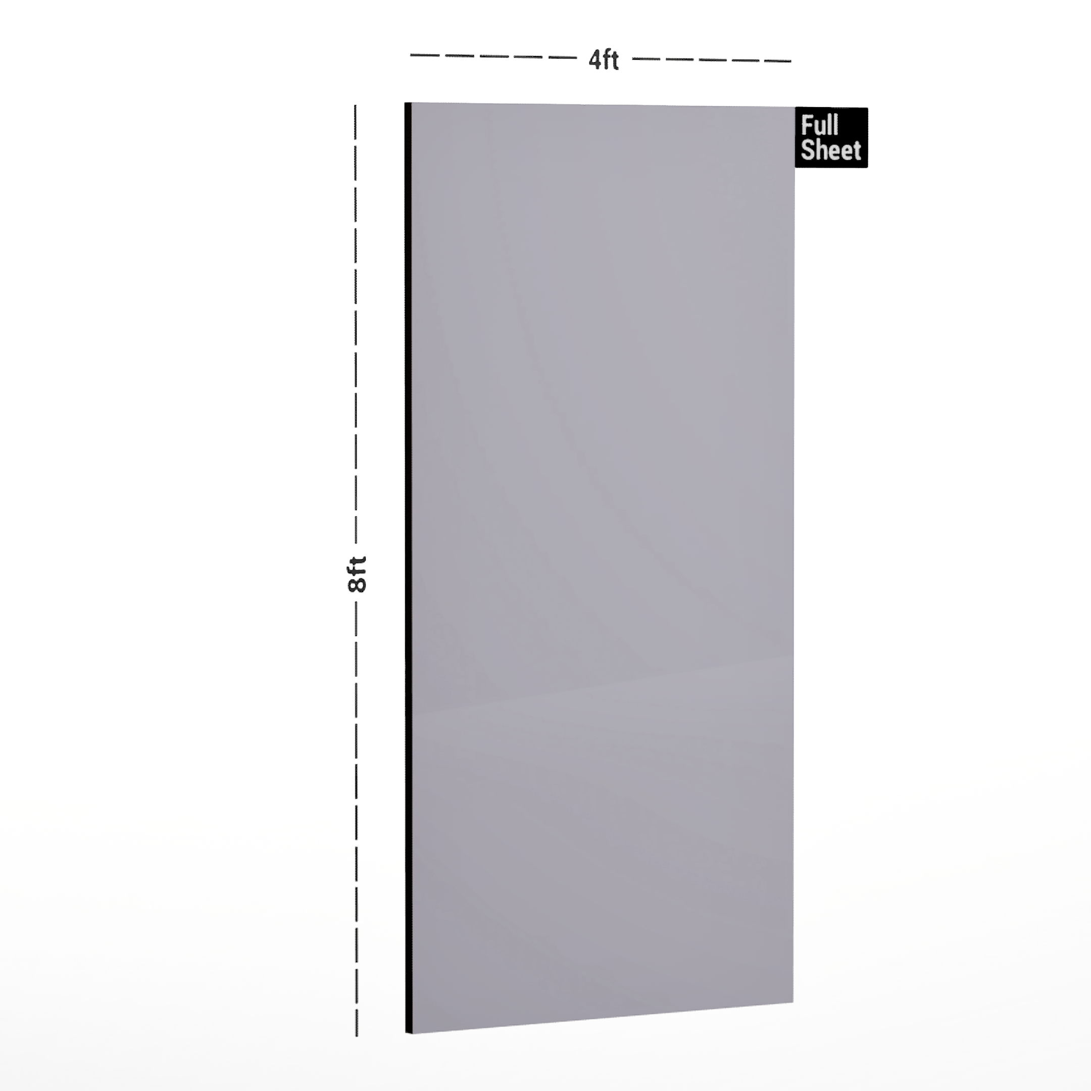 Dimension image of LM 01161 Solids High Gloss Finish 8 ft x 4 ft Acrylic Laminate - 1.5 mm | Matching Edgeband Code - EB 832 in an isometric setup | Material Depot