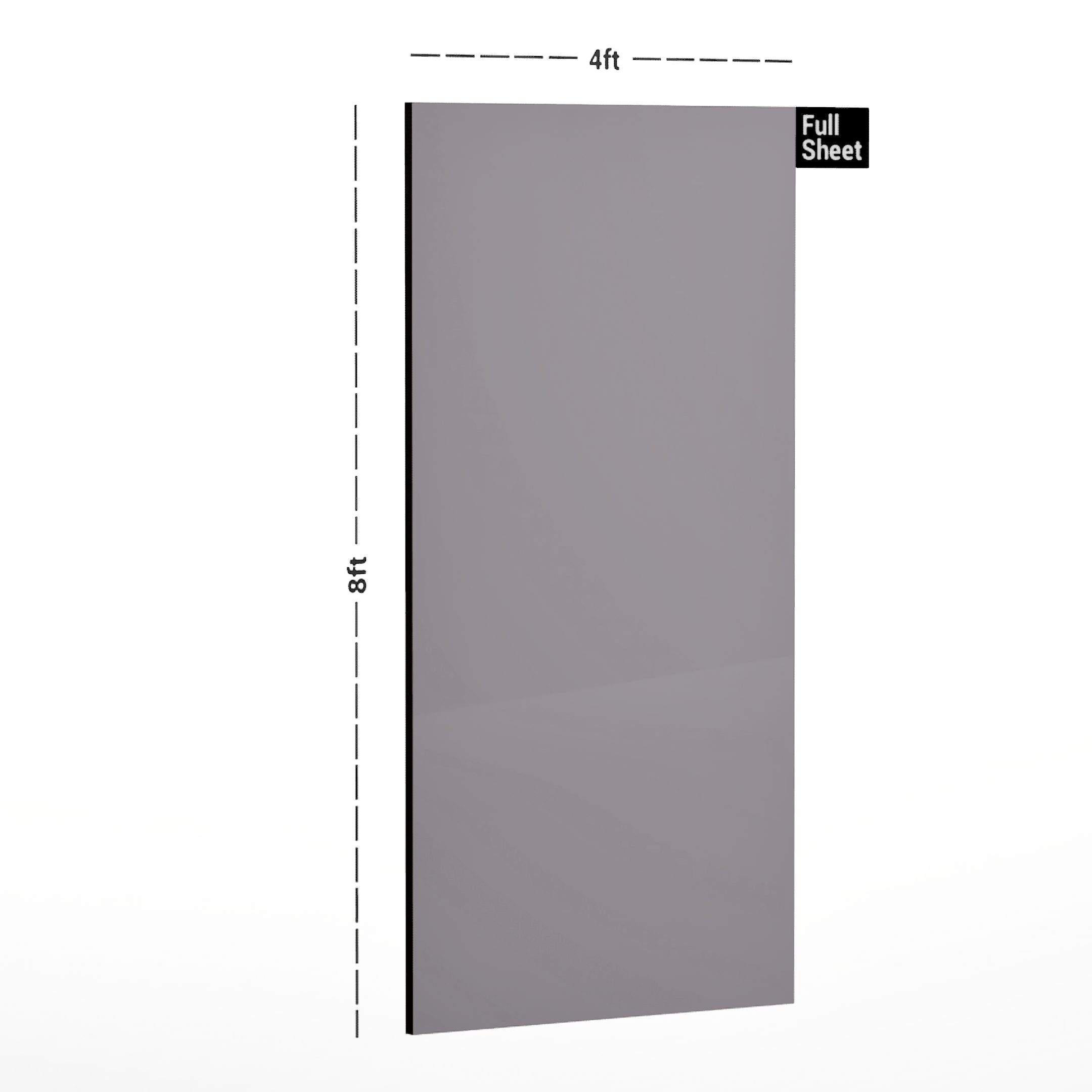 Dimension image of LM 01162 Solids High Gloss Finish 8 ft x 4 ft Acrylic Laminate - 1.5 mm | Matching Edgeband Code - EB 831 in an isometric setup | Material Depot