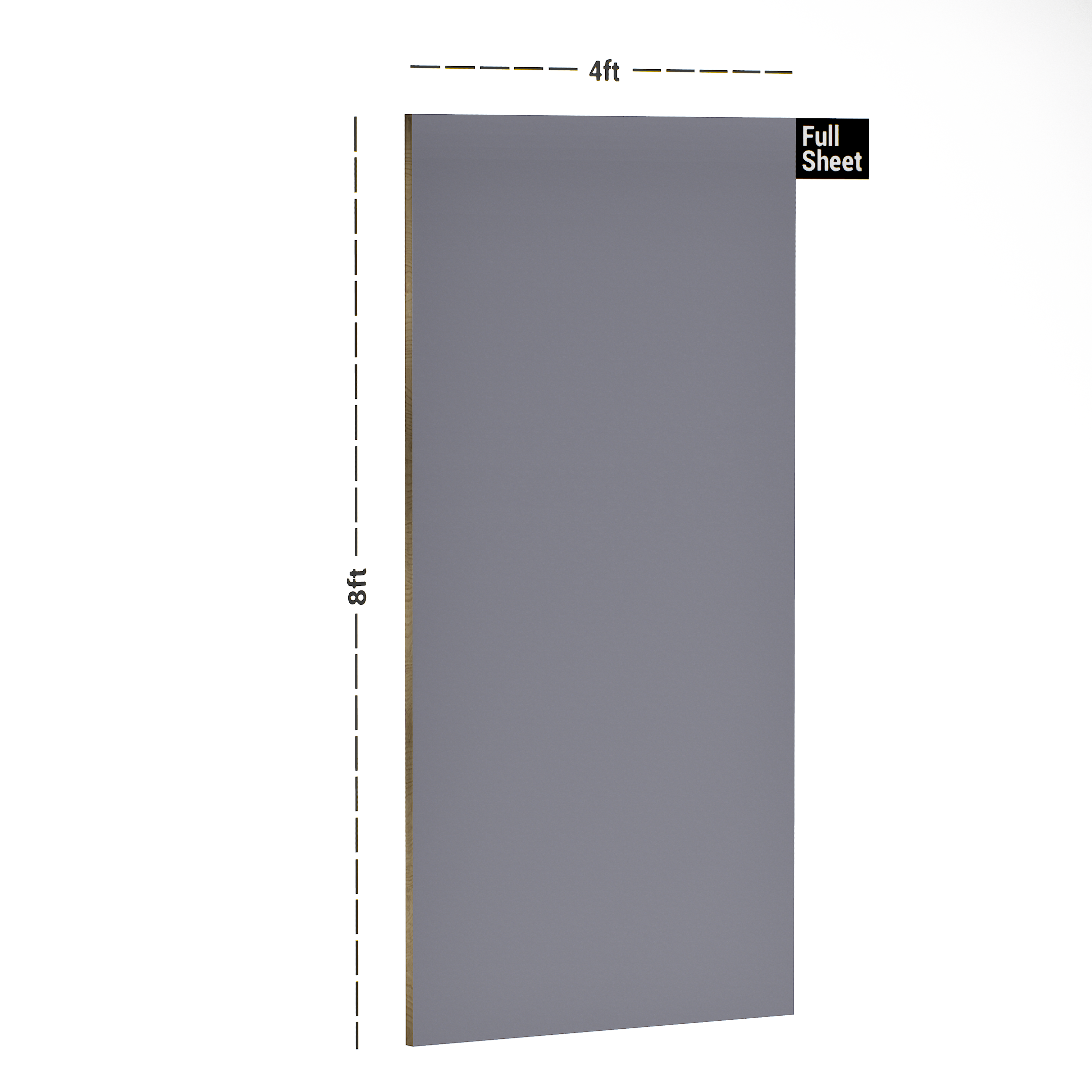 Dimension image of KR 111 Porpoise Grey 8 ft x 4 ft Matte Finish 6H Antiscratch Acrylic Laminate - 1 mm in an isometric setup | Material Depot