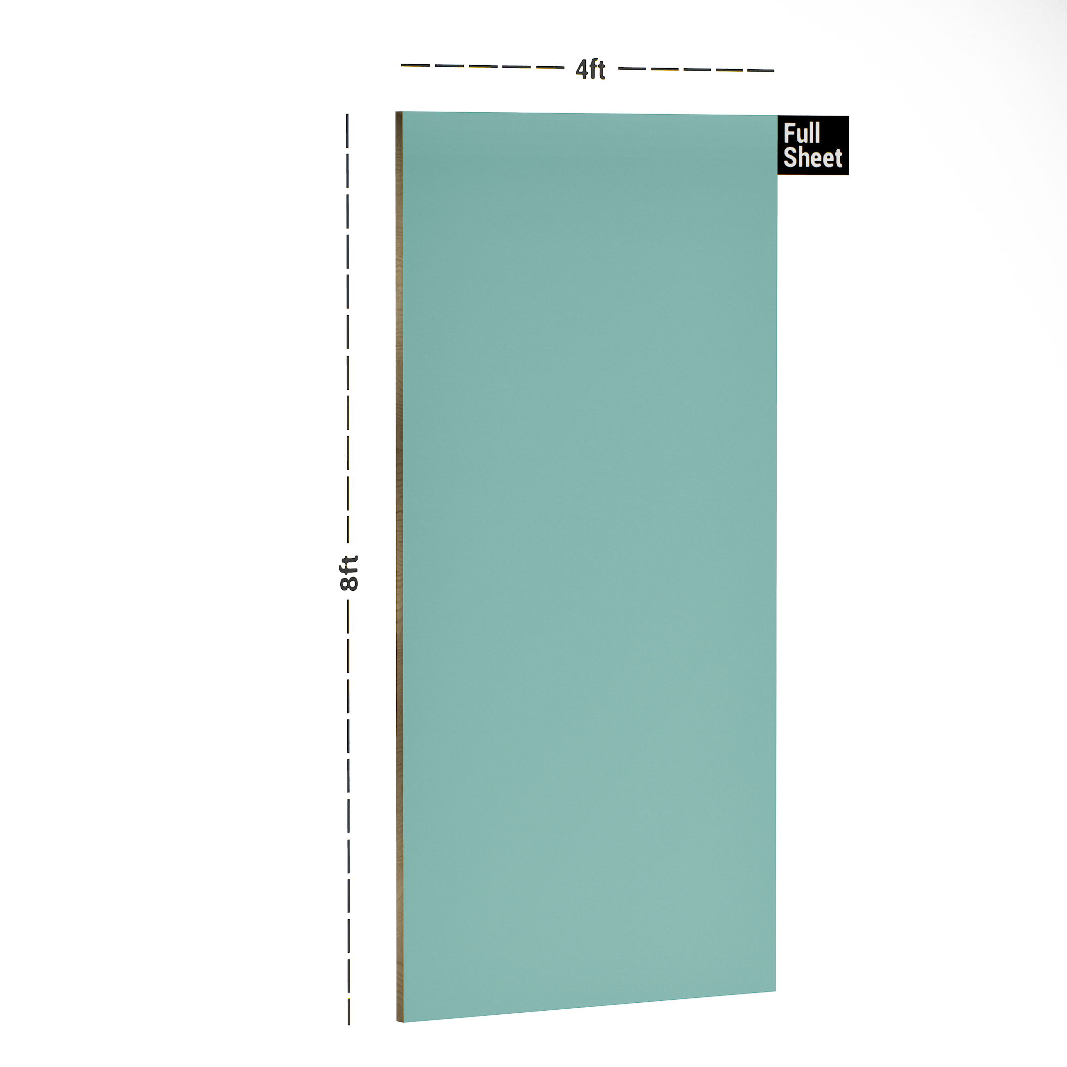 Dimension image of KR 145 Ocean Green 8 ft x 4 ft Matte Finish 6H Antiscratch Acrylic Laminate - 1 mm in an isometric setup | Material Depot