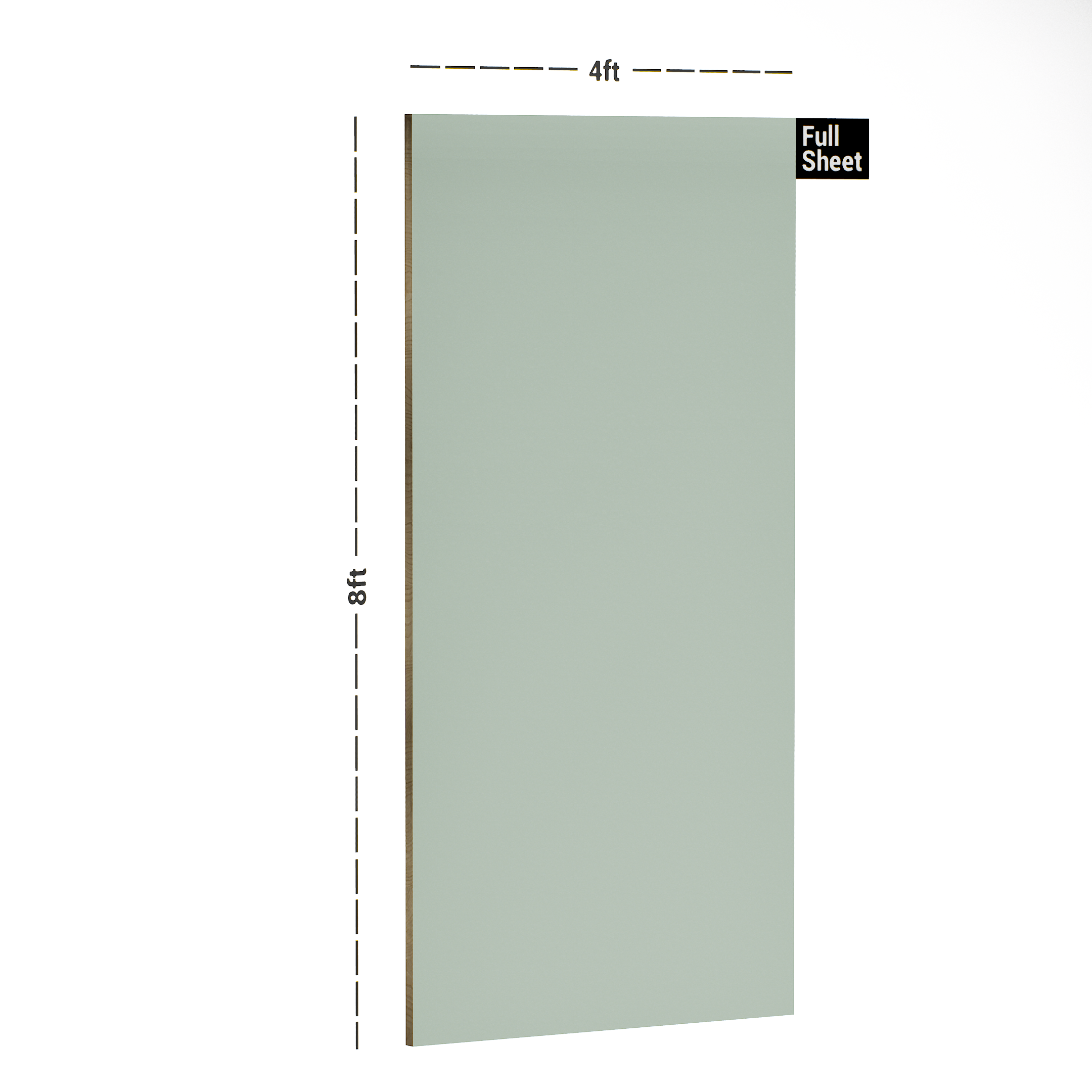 Dimension image of KR 147 Prench Mint 8 ft x 4 ft Matte Finish 6H Antiscratch Acrylic Laminate - 1 mm in an isometric setup | Material Depot