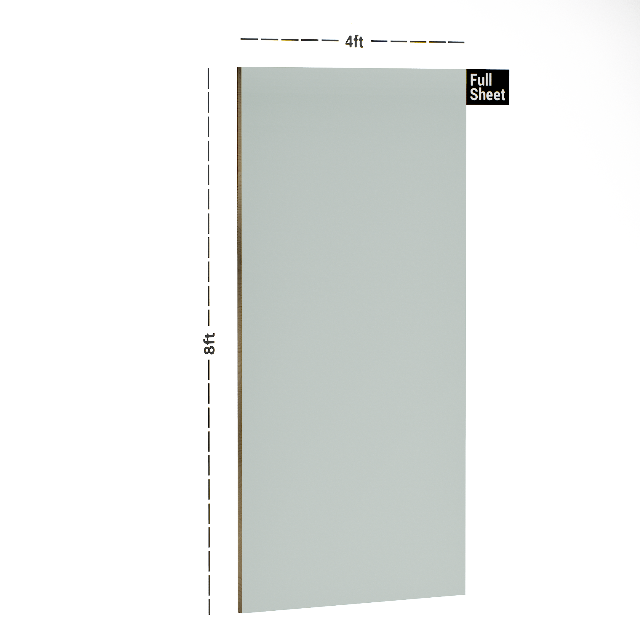 Dimension image of KR 122 Frosted Mint Green 8 ft x 4 ft Matte Finish 6H Antiscratch Acrylic Laminate - 1 mm in an isometric setup | Material Depot