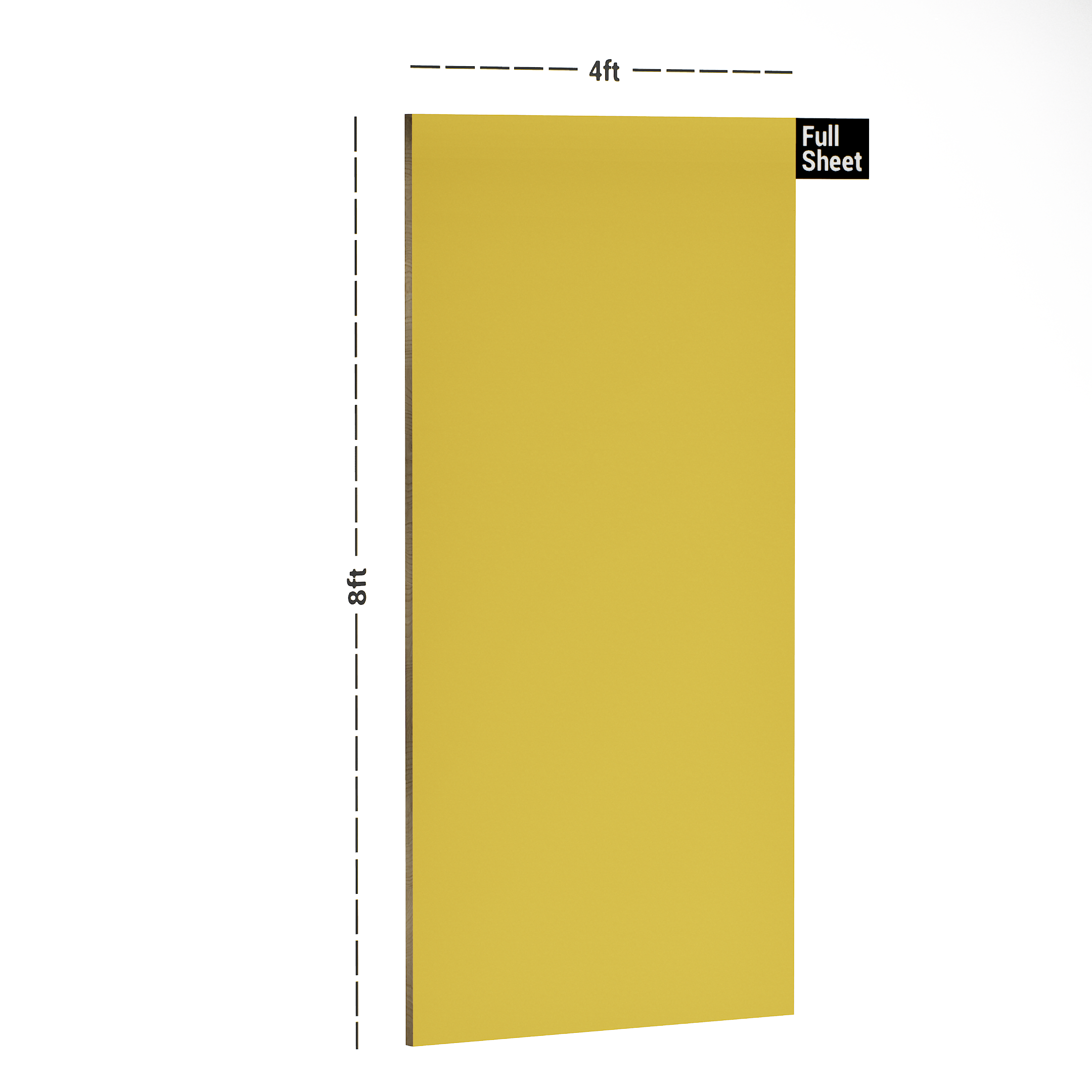 Dimension image of KR 137 Maize Yellow 8 ft x 4 ft Matte Finish 6H Antiscratch Acrylic Laminate - 1 mm in an isometric setup | Material Depot