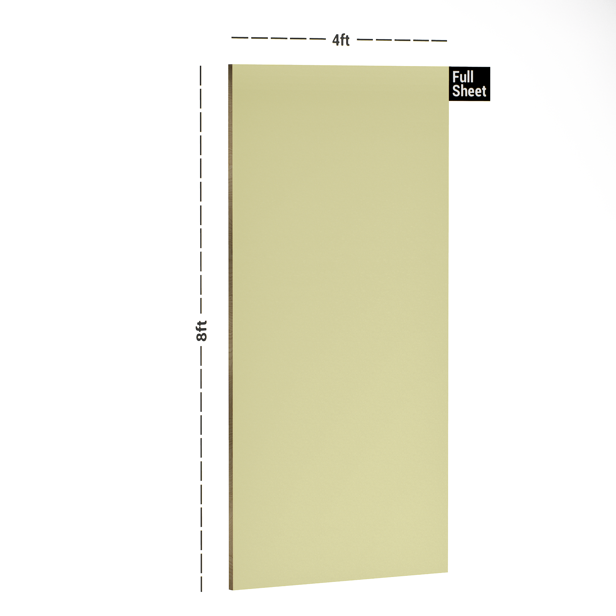 Dimension image of KR 148 Light Yellow 8 ft x 4 ft Matte Finish 6H Antiscratch Acrylic Laminate - 1 mm in an isometric setup | Material Depot