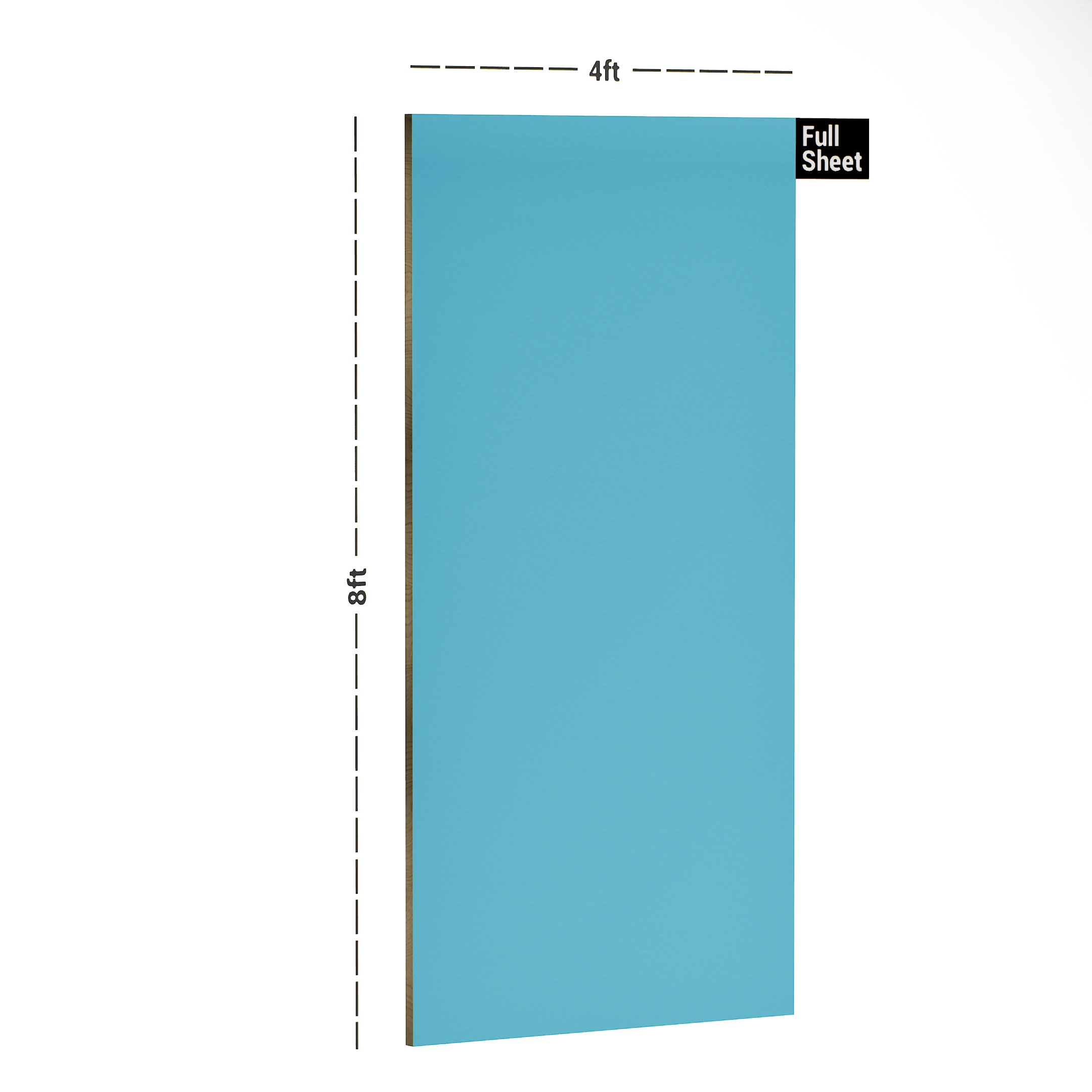 Dimension image of EHGP 538 Sky Blue 8 ft x 4 ft High Gloss Finish Decorative Laminate - 1 mm in an isometric setup | Material Depot