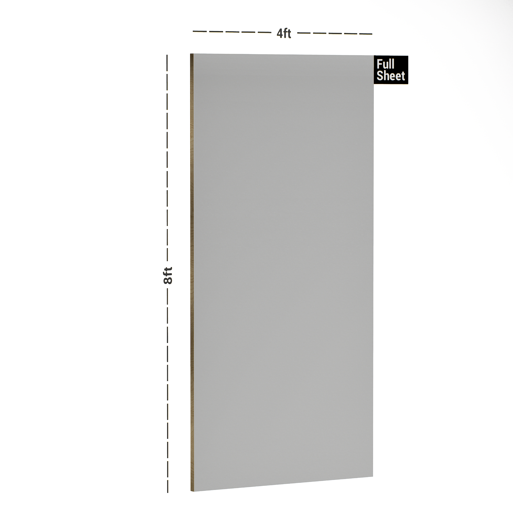 Dimension image of LM 10477 B SMT | Lunar Grey 8 ft x 4 ft Super Matte Finish Decorative Laminate - 1 mm in an isometric setup | Material Depot