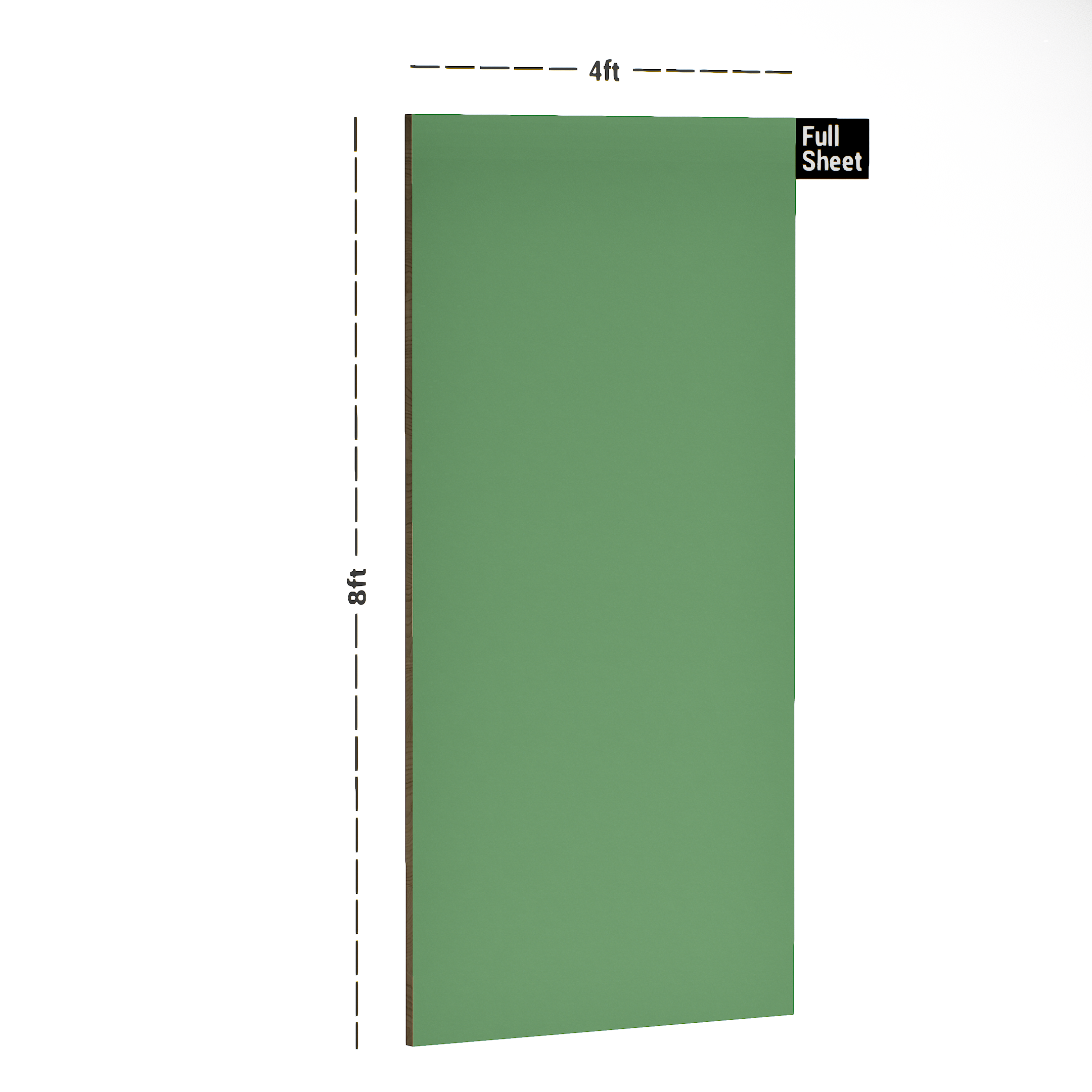 Dimension image of LM 10479 B SMT | Meadow Green 8 ft x 4 ft Super Matte Finish Decorative Laminate - 1 mm in an isometric setup | Material Depot