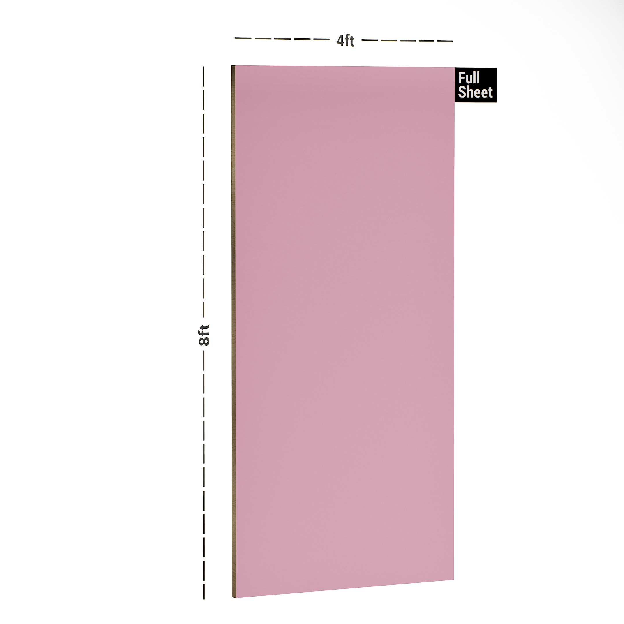 Dimension image of LM 10481 B SMT | Baby Pink 8 ft x 4 ft Super Matte Finish Decorative Laminate - 1 mm in an isometric setup | Material Depot