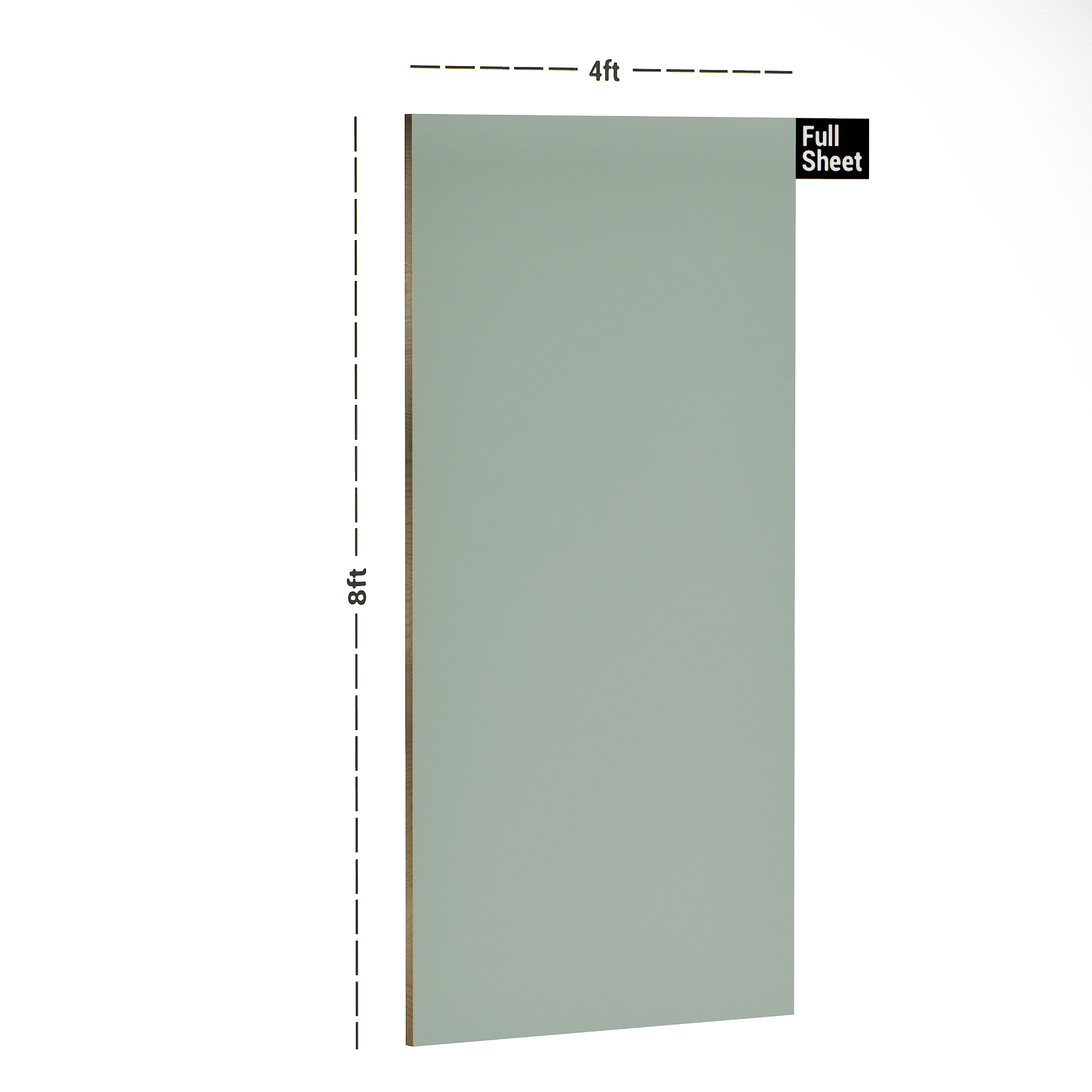 Dimension image of LM 10485 D SMT | Mint Green 8 ft x 4 ft Super Matte Finish Decorative Laminate - 1 mm in an isometric setup | Material Depot