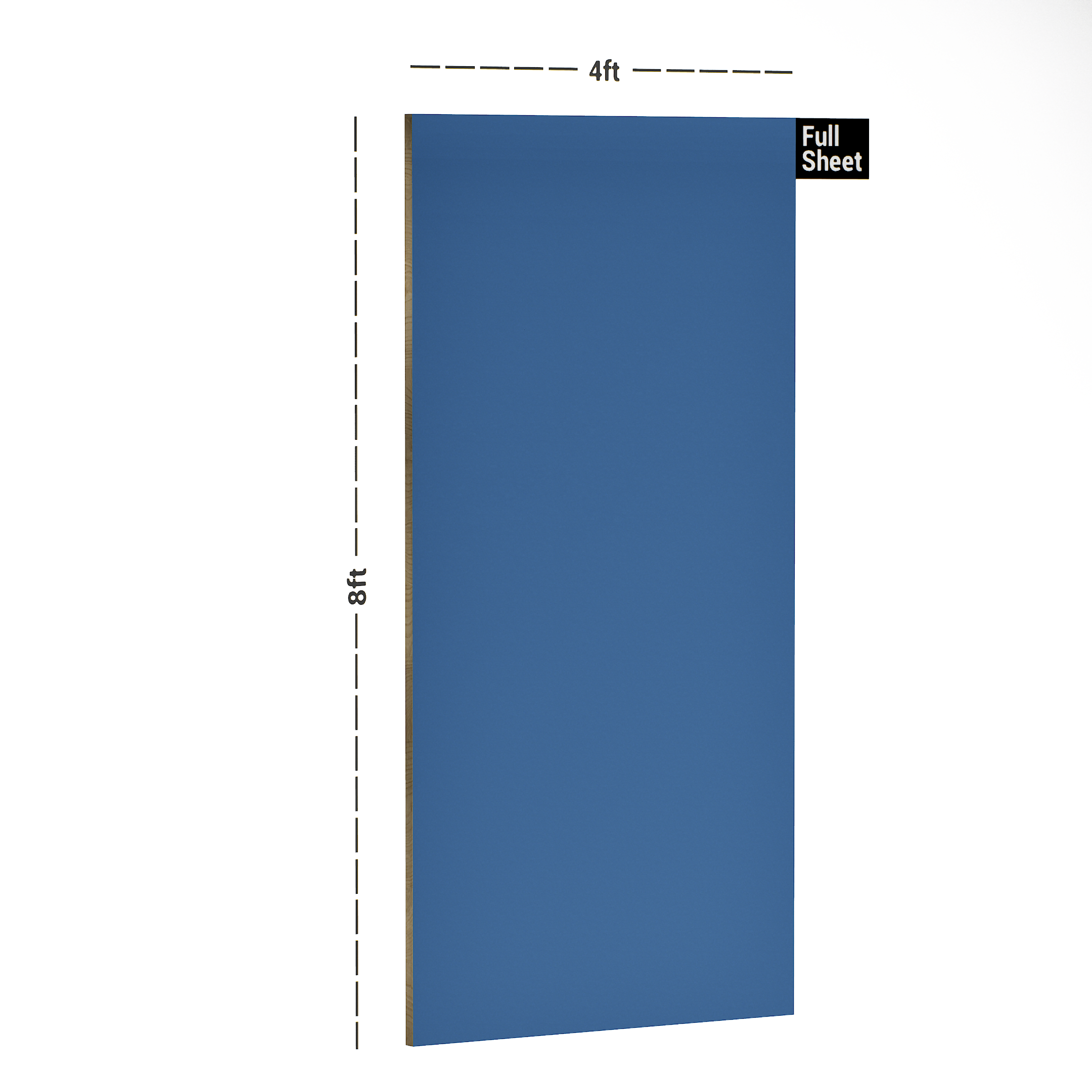 Dimension image of LM 10488 B SMT | Sapphire Blue 8 ft x 4 ft Super Matte Finish Decorative Laminate - 1 mm in an isometric setup | Material Depot