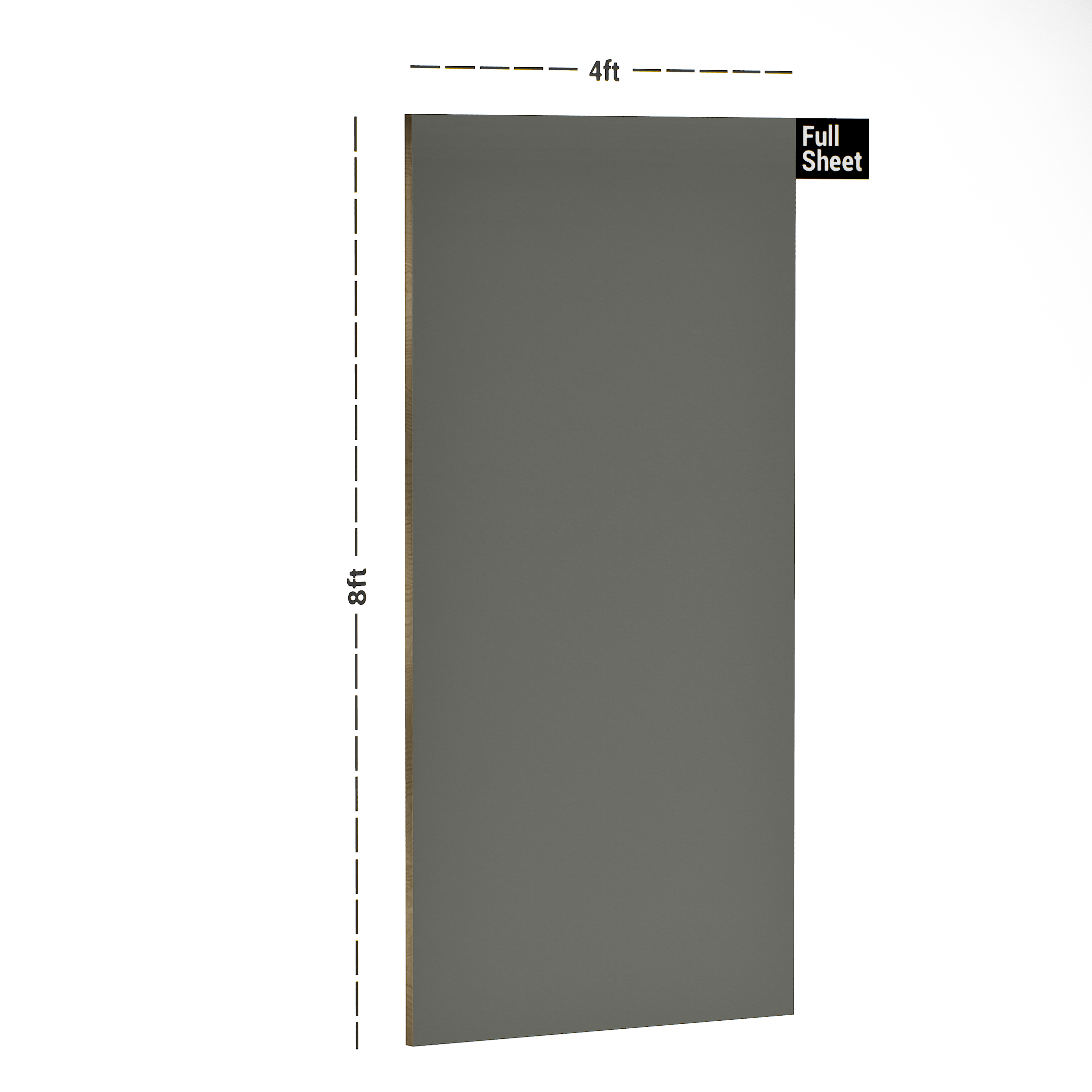 Dimension image of LM 10489 B SGL | Deep Smoke 8 ft x 4 ft Glossy Finish Decorative Laminate - 1 mm in an isometric setup | Material Depot