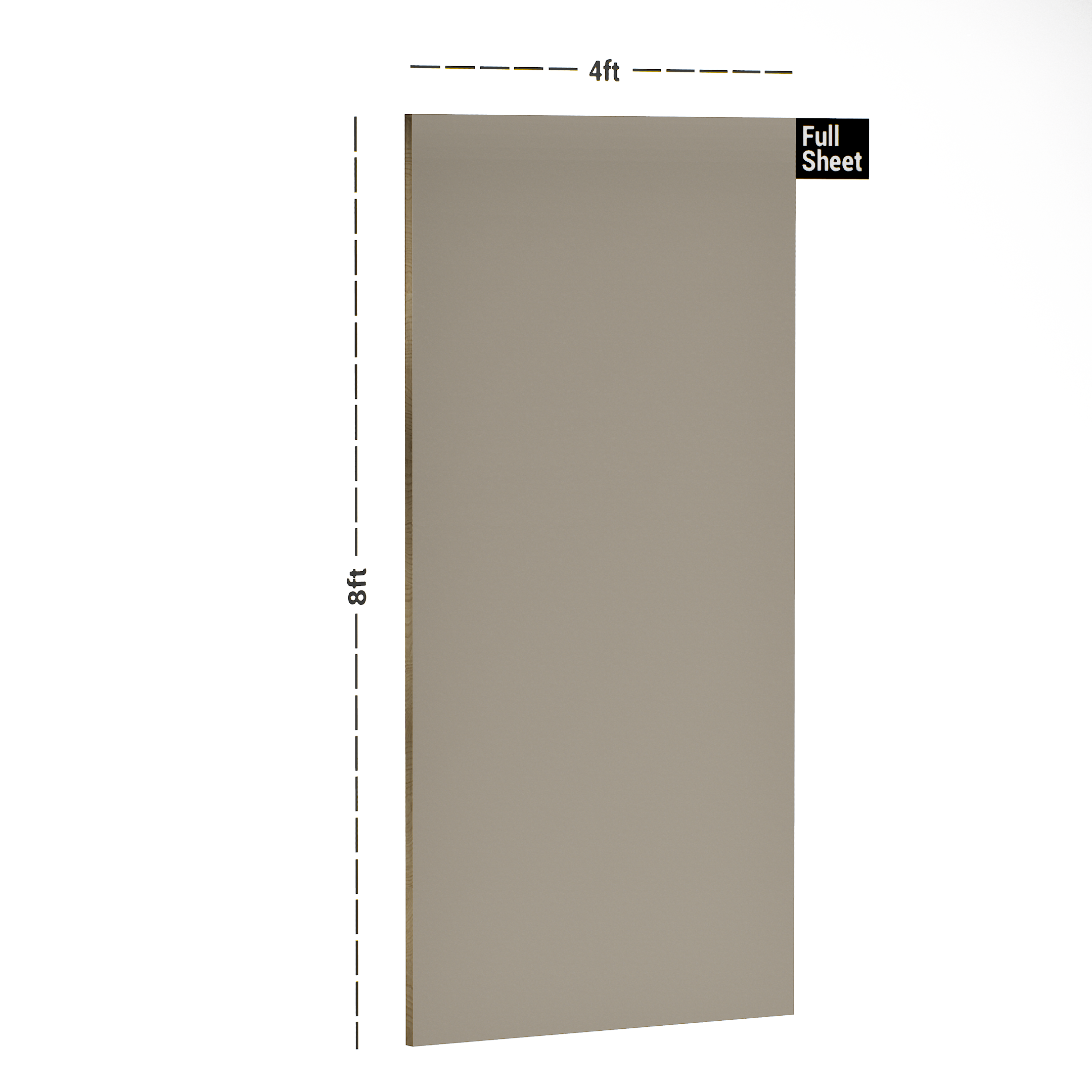 Dimension image of LM 10498 B SMT | Coconut Brown 8 ft x 4 ft Super Matte Finish Decorative Laminate - 1 mm in an isometric setup | Material Depot