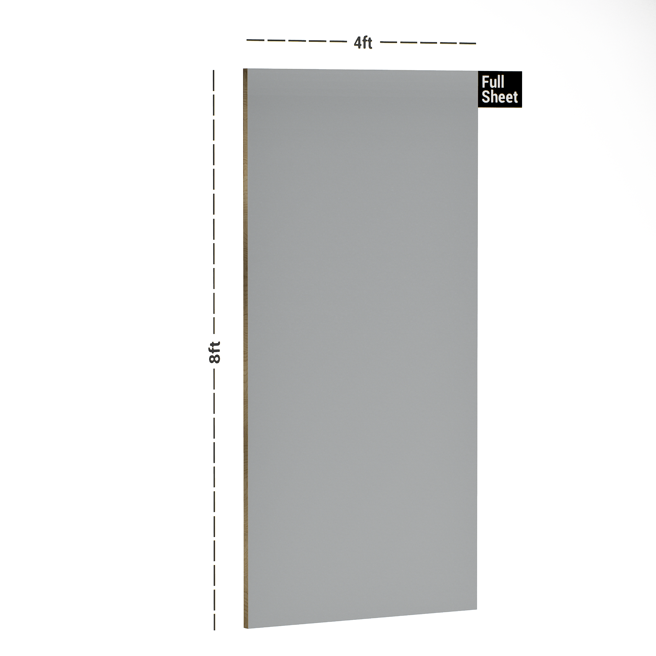 Dimension image of LM 10506 HGL | Frosted Grey 8 ft x 4 ft High Gloss Finish Decorative Laminate - 1 mm in an isometric setup | Material Depot