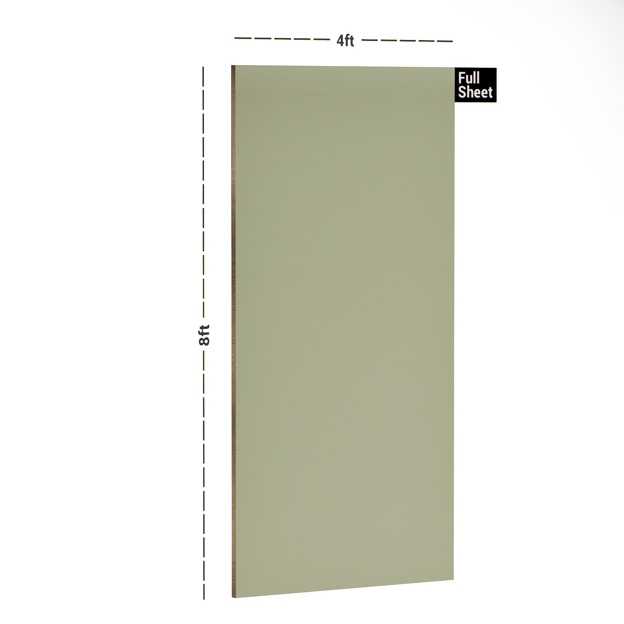 Dimension image of LM 10516 B SMT | Pista Green 8 ft x 4 ft Super Matte Finish Decorative Laminate - 1 mm in an isometric setup | Material Depot