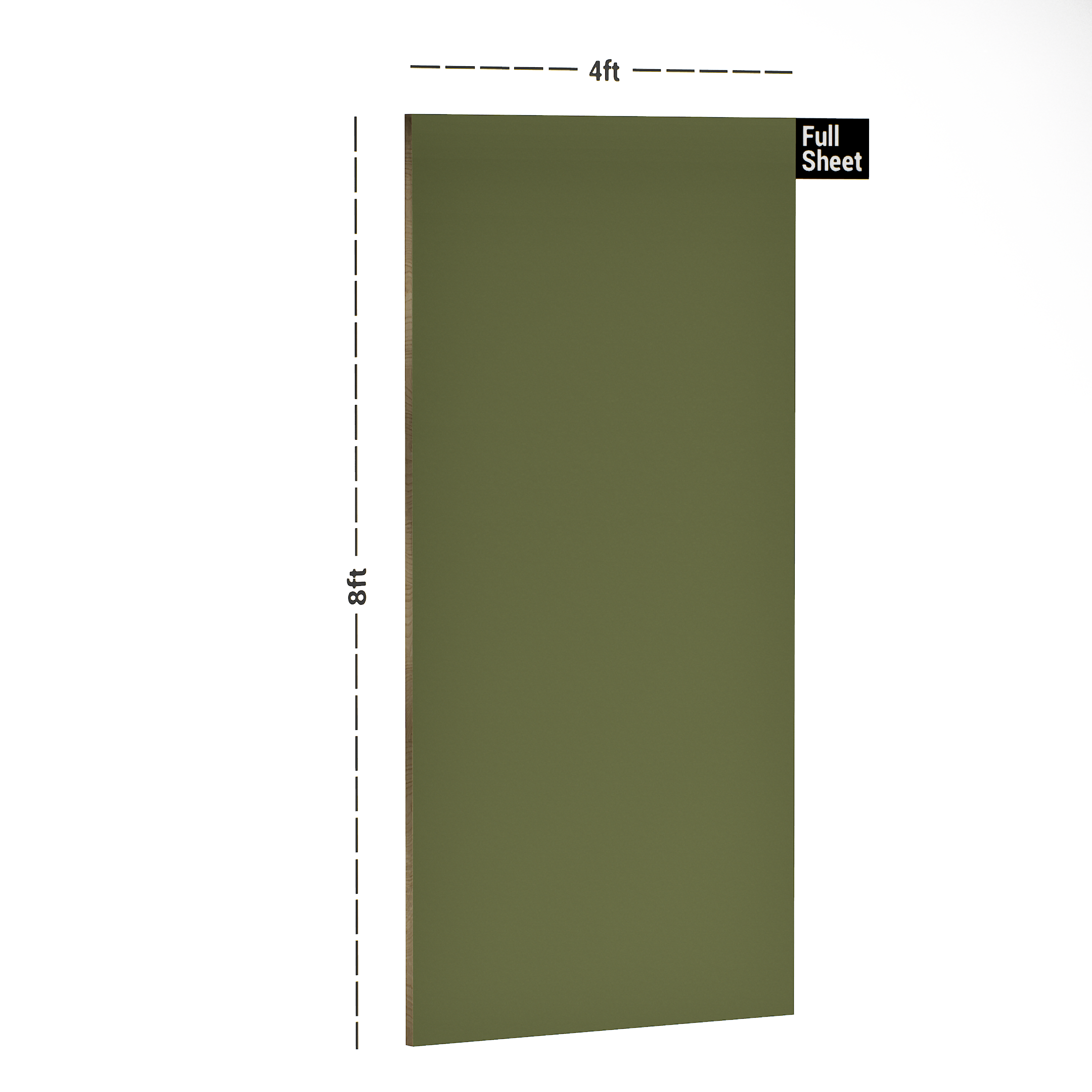 Dimension image of LM 10518 HGL | Olive Moss 8 ft x 4 ft High Gloss Finish Decorative Laminate - 1 mm in an isometric setup | Material Depot