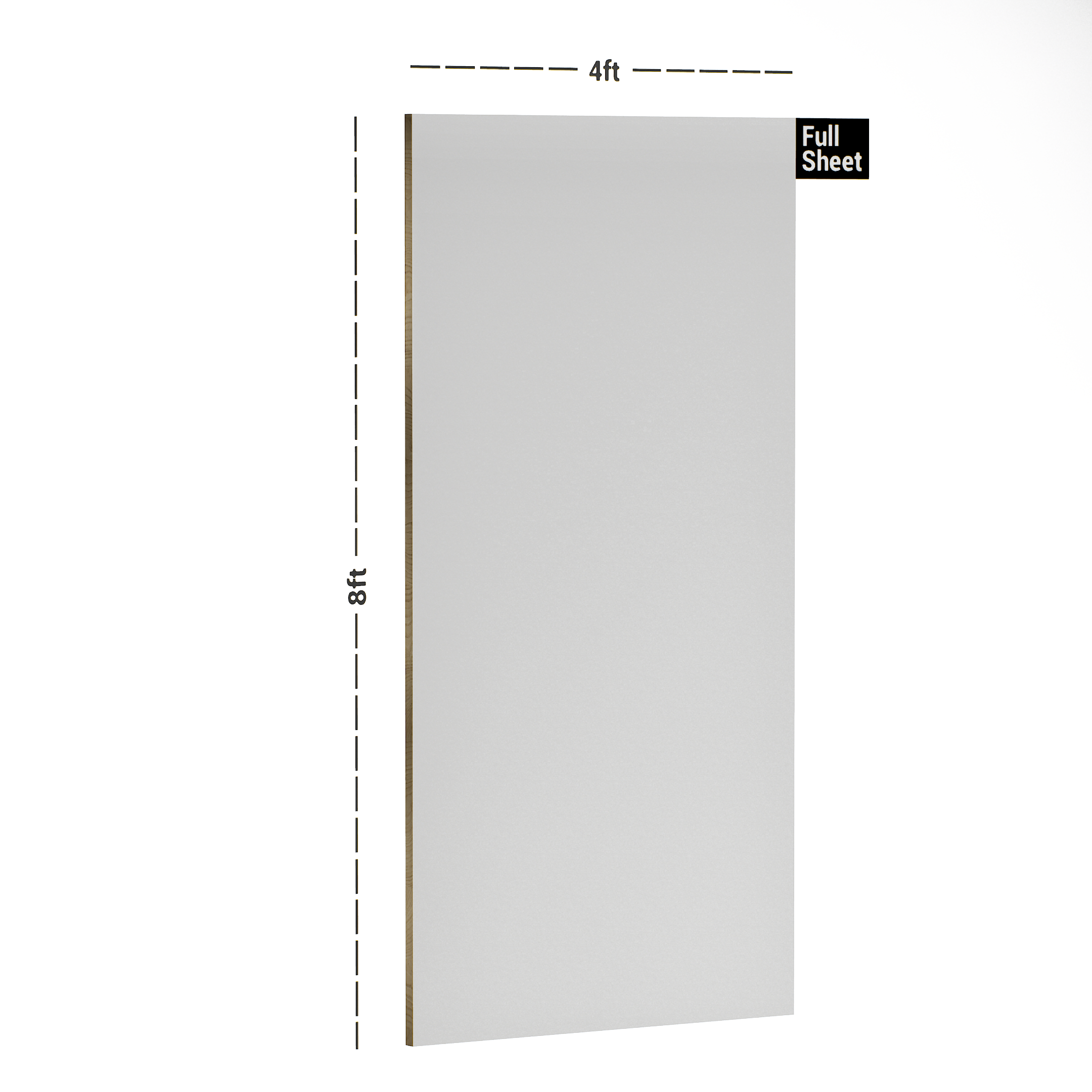 Dimension image of LM 10538 HGL | Ivory White 8 ft x 4 ft High Gloss Finish Decorative Laminate - 1 mm in an isometric setup | Material Depot