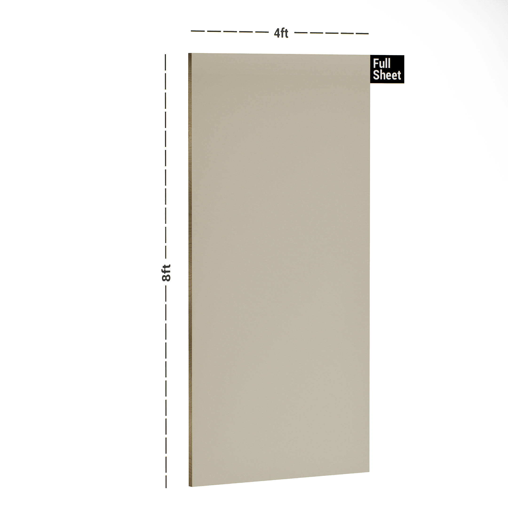 Dimension image of SMT 224 Oyster 8 ft x 4 ft Silky Matt Finish Colorado Series Decorative Laminate - 1 mm in an isometric setup | Material Depot