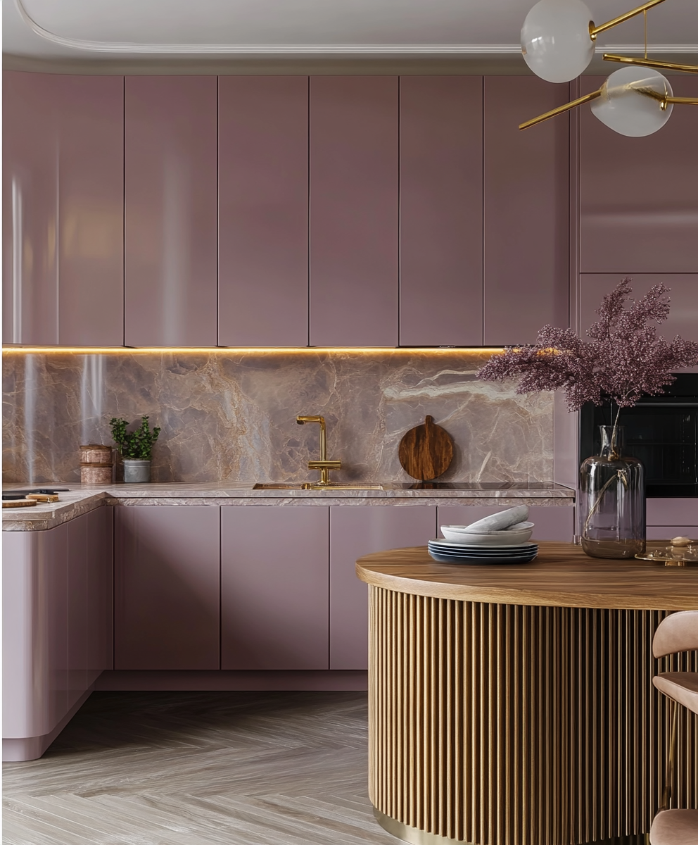 Lavish Orchid Kitchen with Striking Marble Backdrop and Gold Details | Material Depot